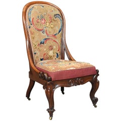 Antique Nursing Chair, English Walnut Needlepoint Tapestry Victorian, circa 1840