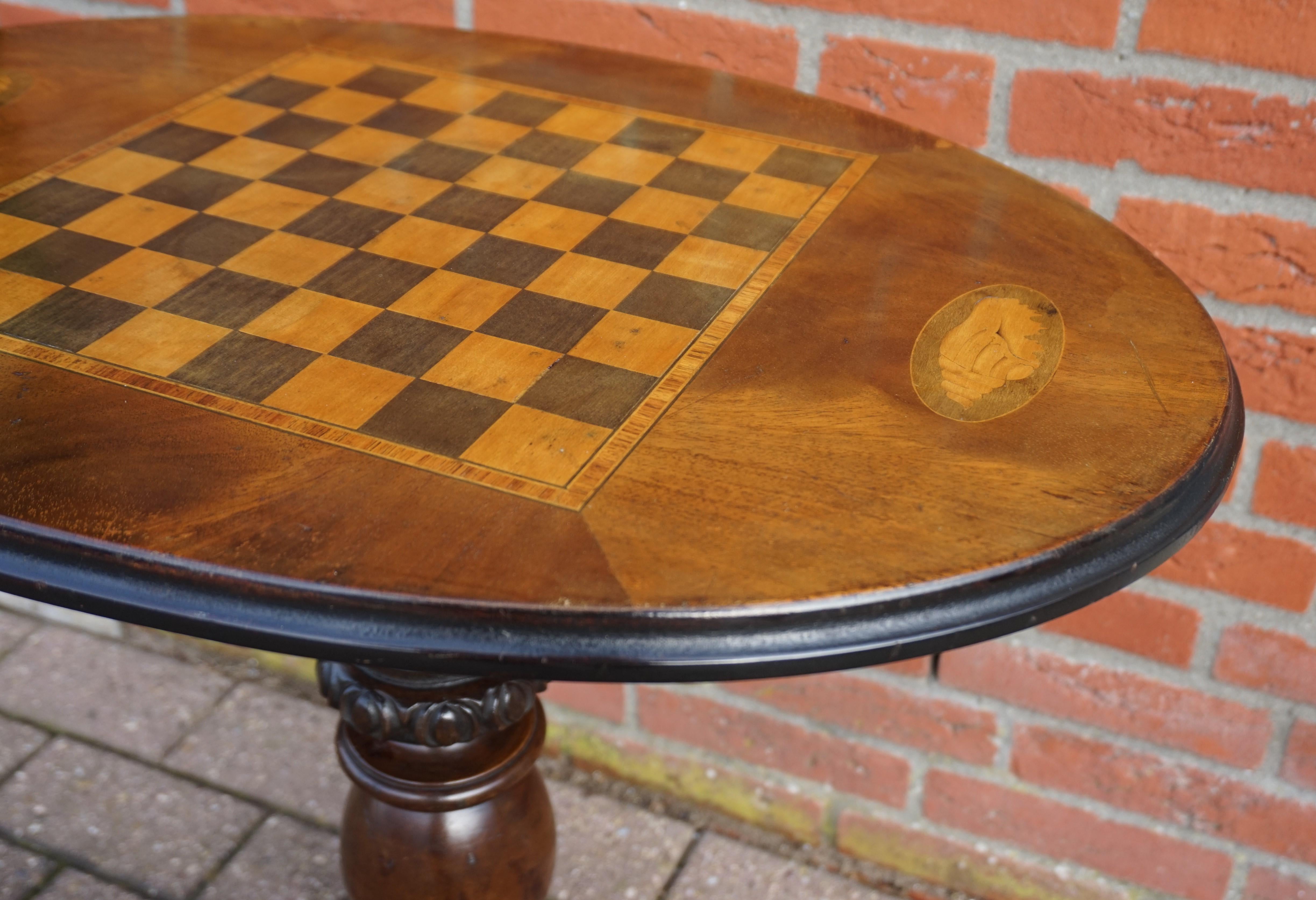 Antique Nutwood and Satinwood Tilt-Top Chess Table with Nautilus Shell Inlay 7