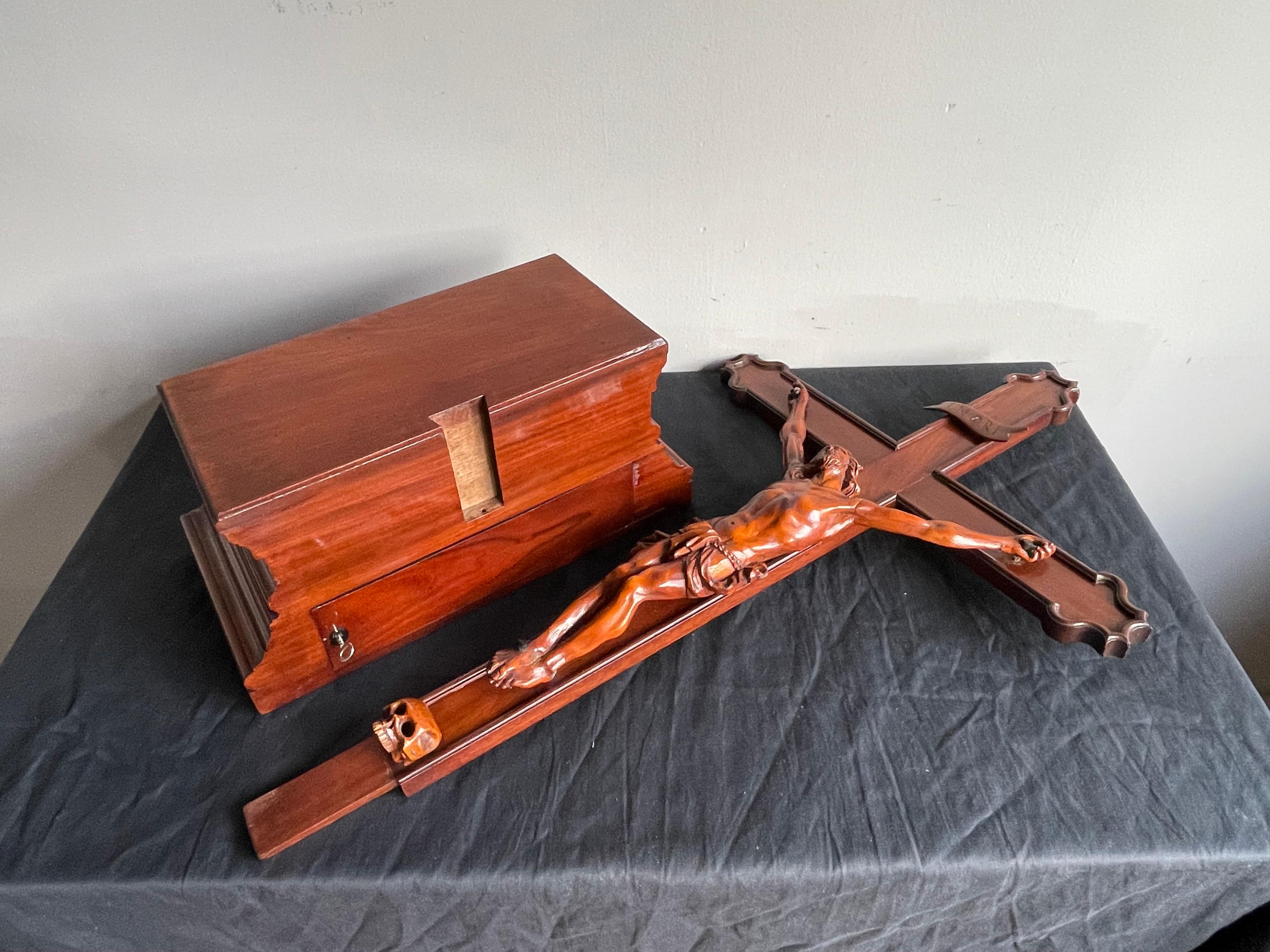 Antique Nutwood Crucifix with Hand Carved Corpus of Christ & Secret Compartment For Sale 2