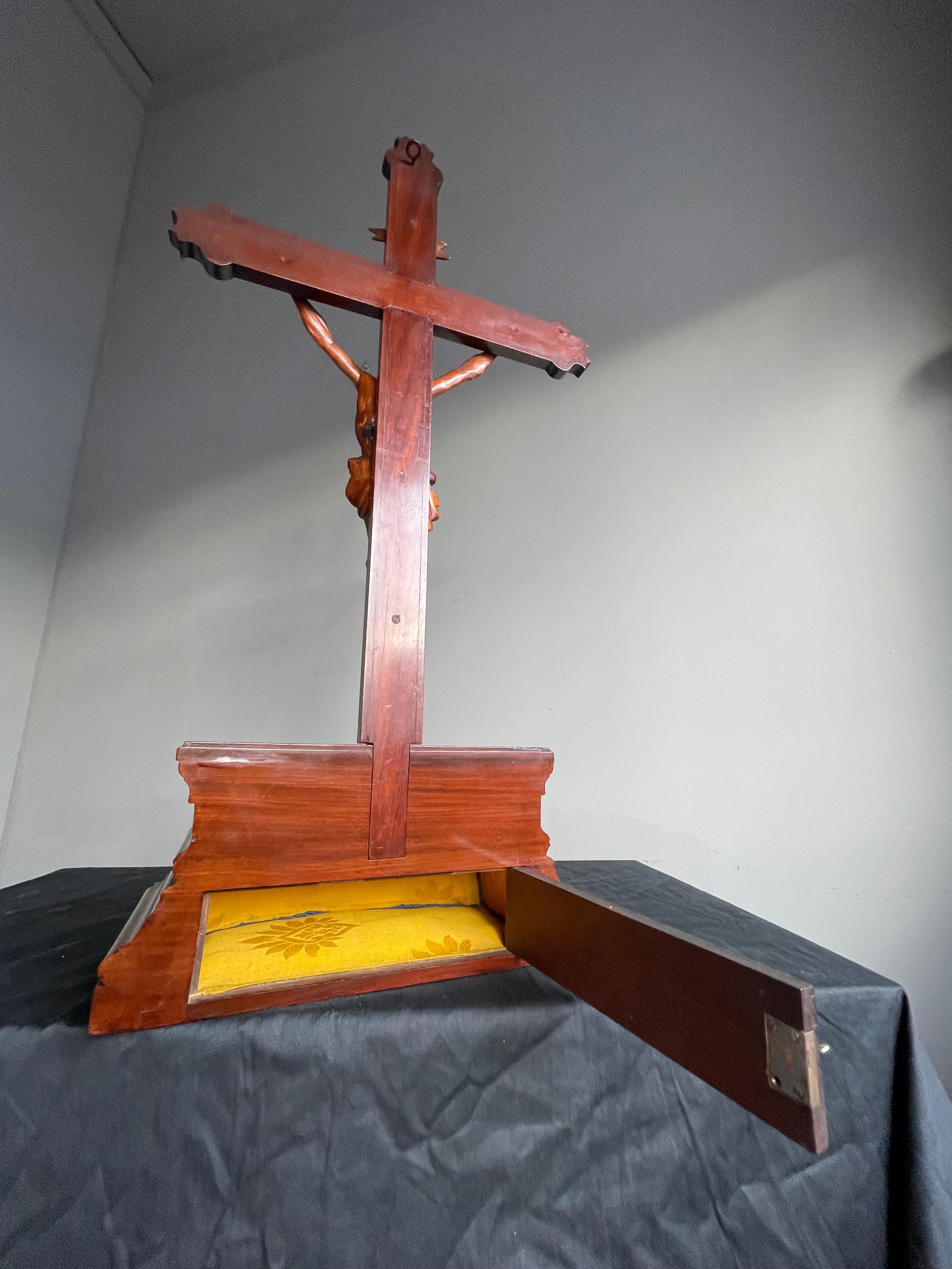 Antique Nutwood Crucifix with Hand Carved Corpus of Christ & Secret Compartment For Sale 3