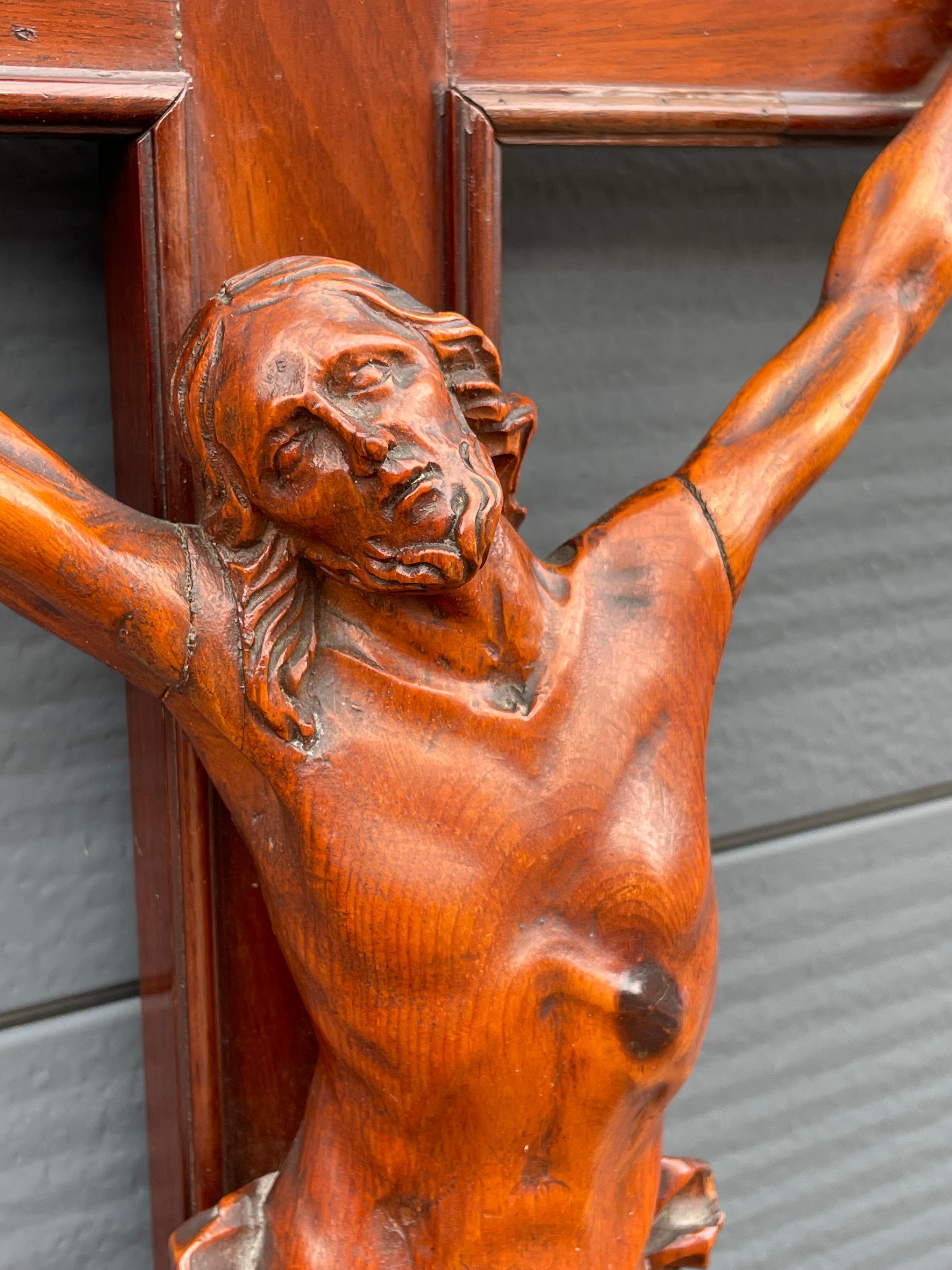 European Antique Nutwood Crucifix with Hand Carved Corpus of Christ & Secret Compartment For Sale