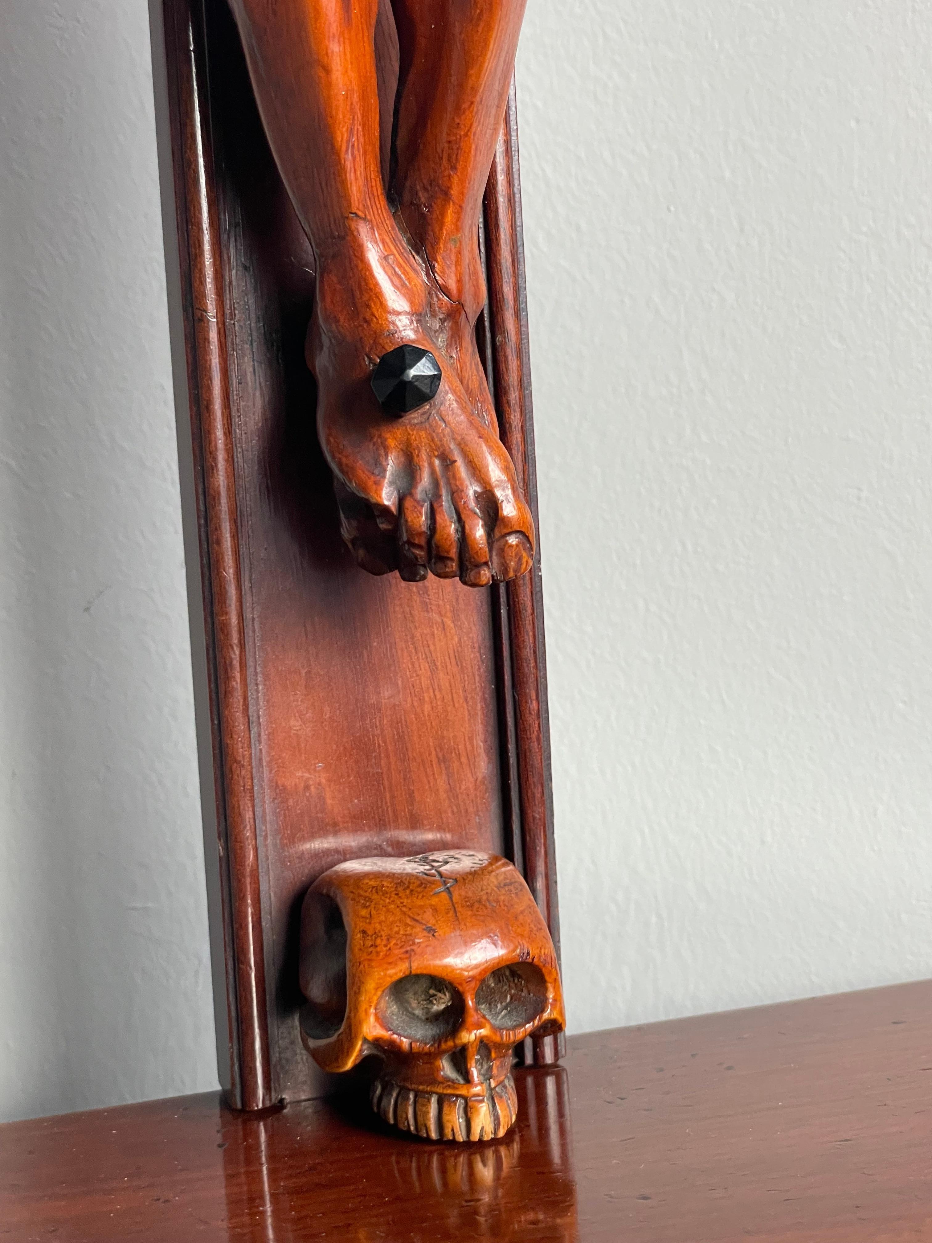 19th Century Antique Nutwood Crucifix with Hand Carved Corpus of Christ & Secret Compartment For Sale