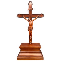 Antique Nutwood Crucifix with Hand Carved Corpus of Christ & Secret Compartment