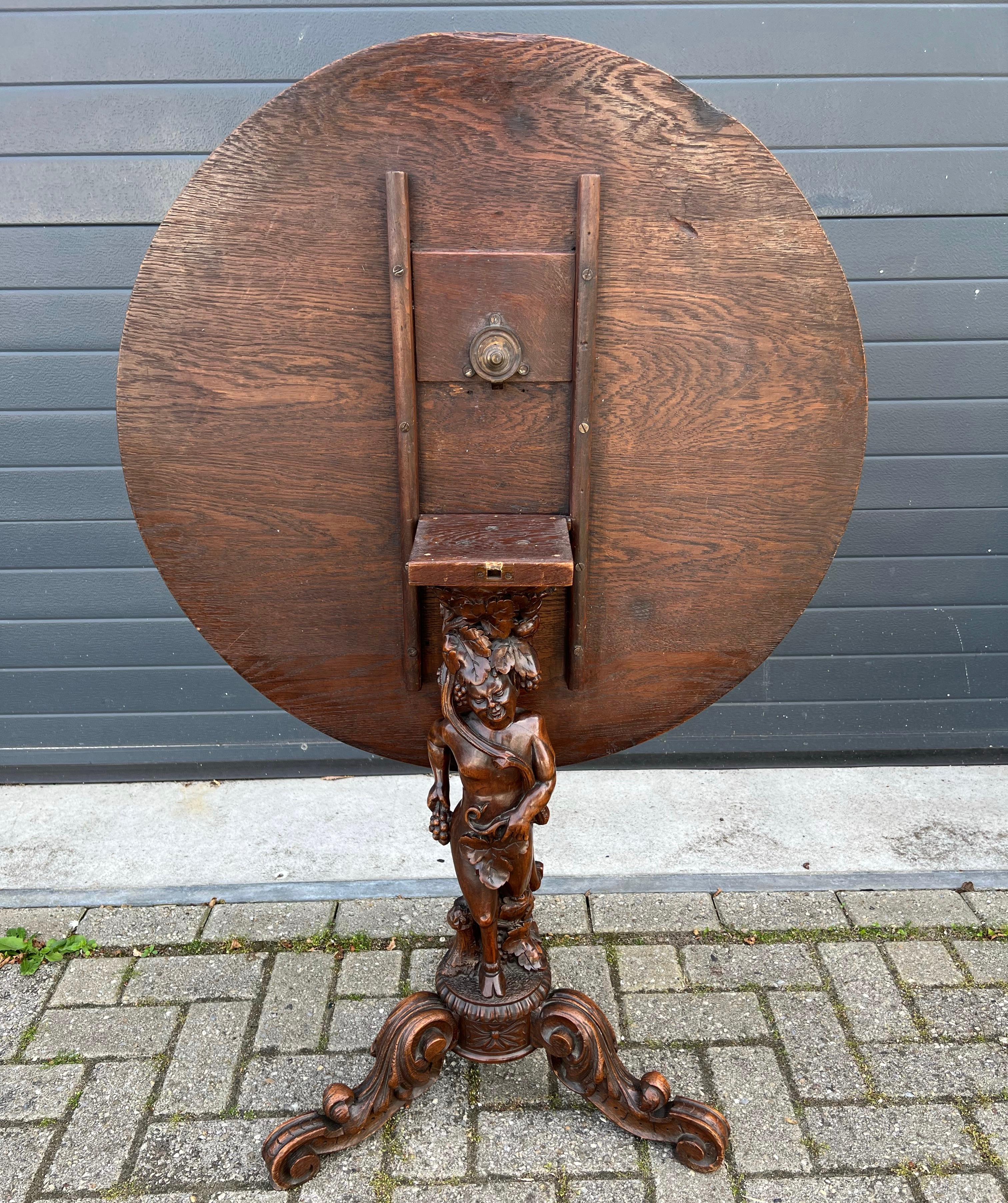 Antique Nutwood & Oak Wine Theme Tilt-Top Table with Hand Carved Faun Sculpture For Sale 7