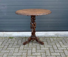 Antique Nutwood & Oak Wine Theme Tilt-Top Table with Hand Carved Faun Sculpture
