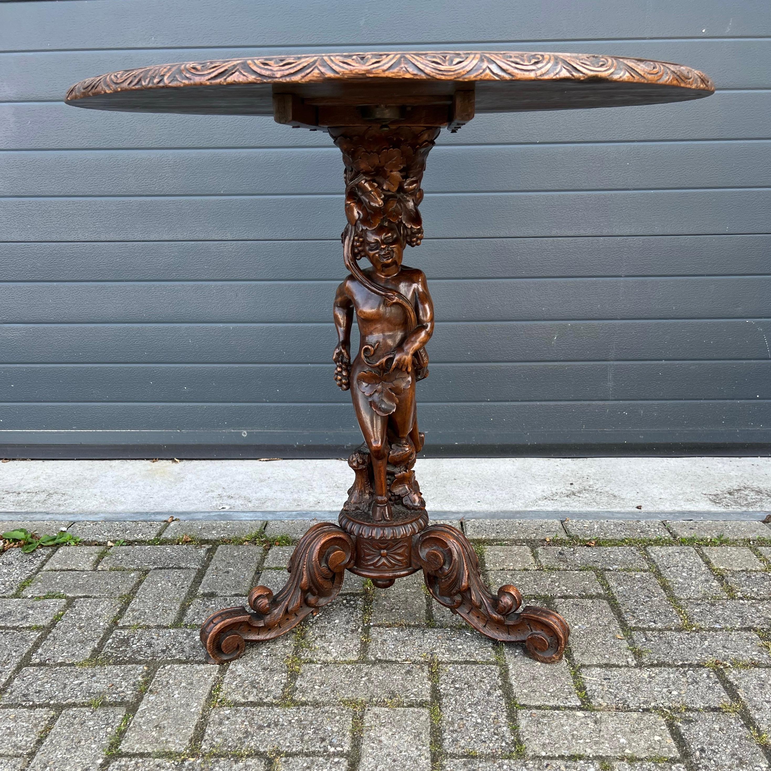 Victorian Antique Nutwood & Oak Wine Theme Tilt-Top Table with Hand Carved Faun Sculpture For Sale