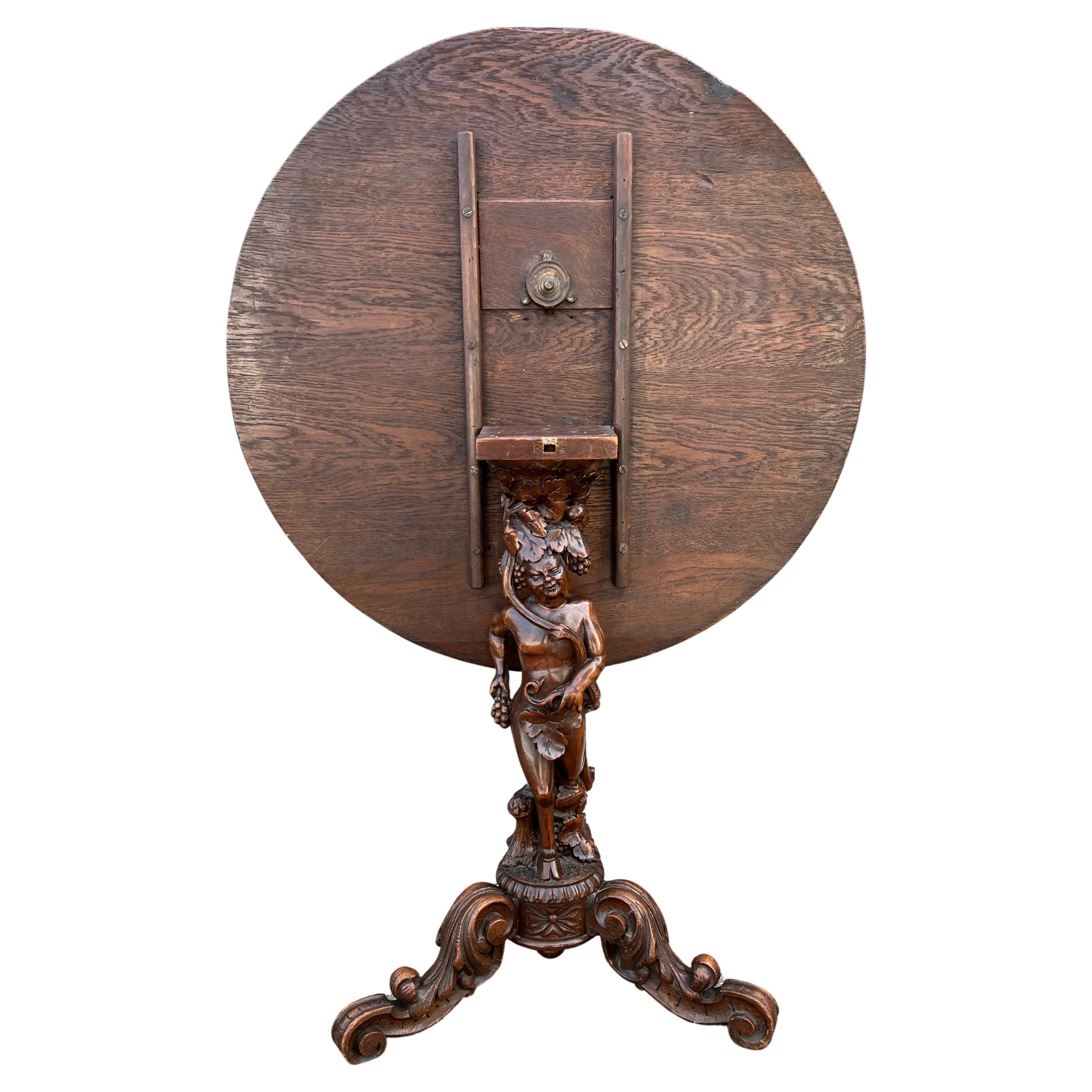 Antique Nutwood & Oak Wine Theme Tilt-Top Table with Hand Carved Faun Sculpture For Sale