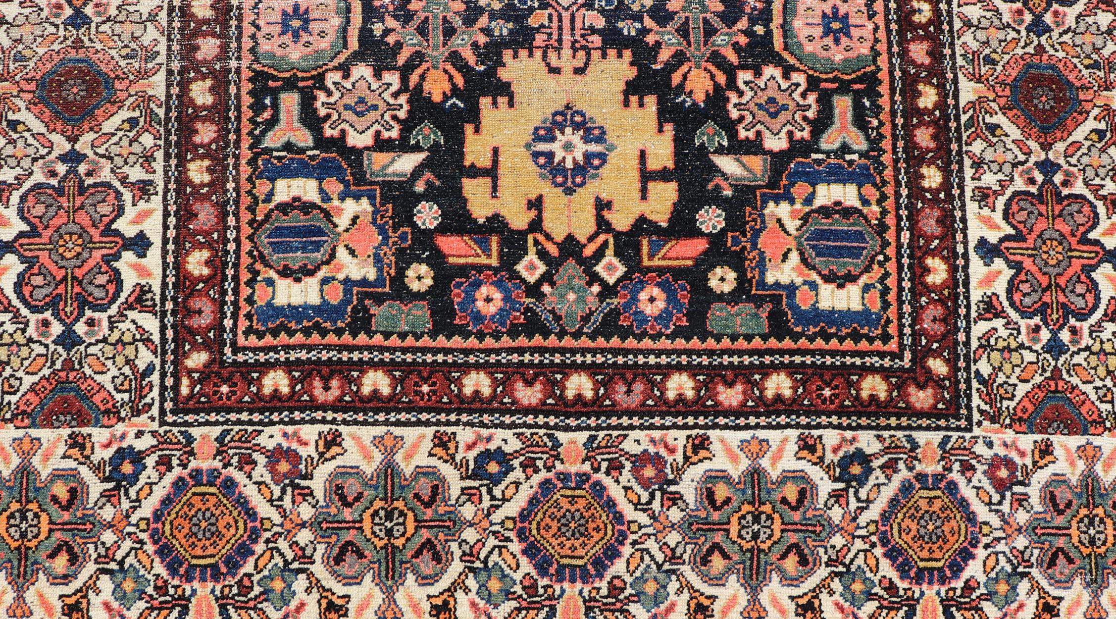 Hand-Knotted Antique N.W. Persian Large Gallery Rug in Navy Blue Background & All over Design For Sale
