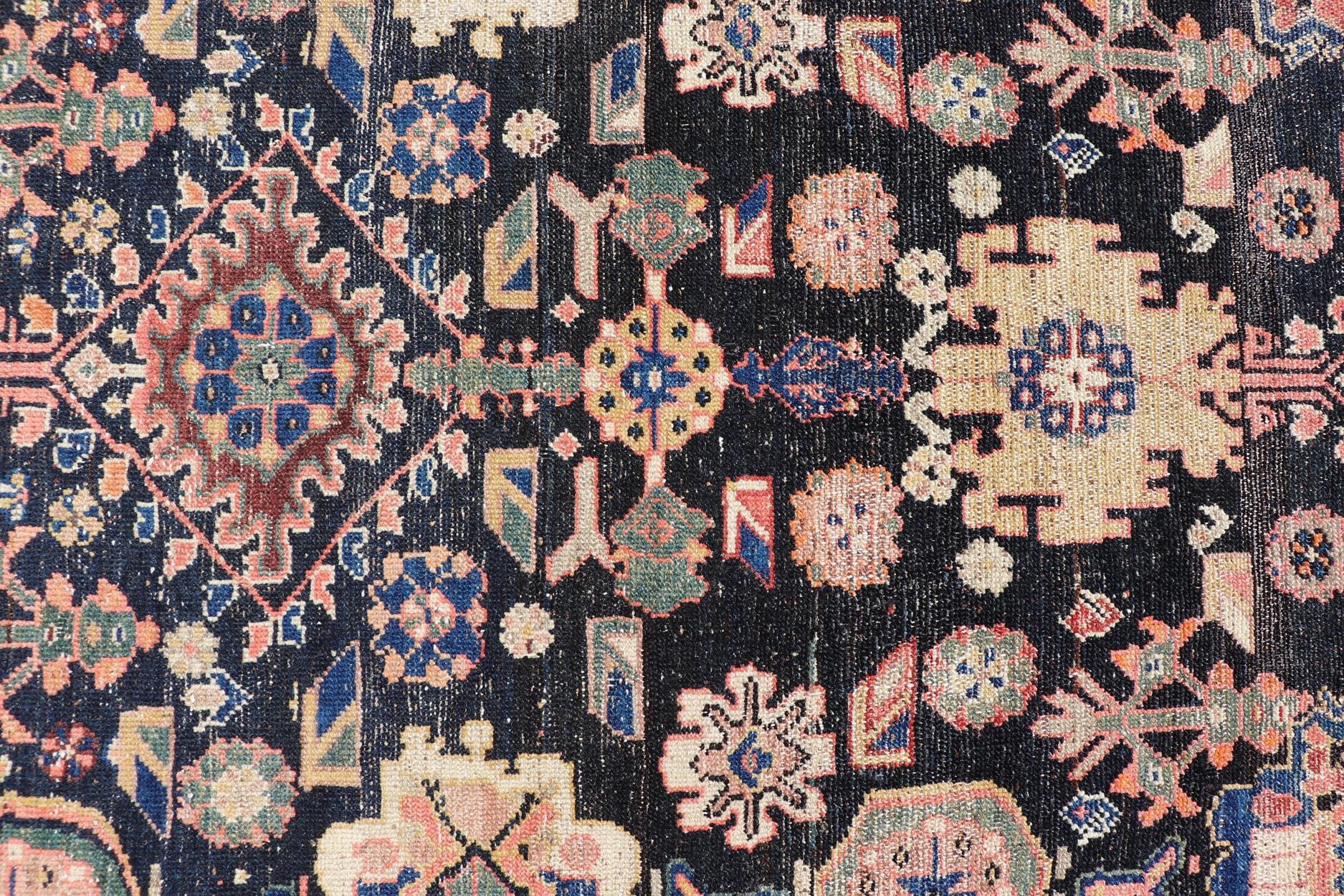 Late 19th Century Antique N.W. Persian Large Gallery Rug in Navy Blue Background & All over Design For Sale