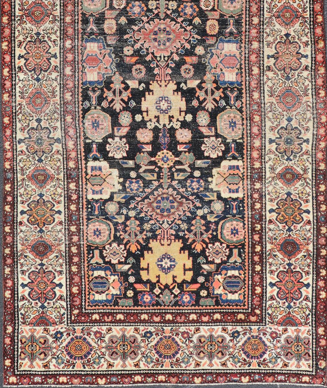 Antique N.W. Persian Large Gallery Rug in Navy Blue Background & All over Design For Sale 2