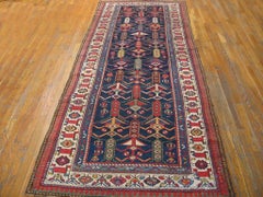 1880s Blue Geometric Antique N.W. Persian Carpet 4'x10' Handmade Rug Wool Runner