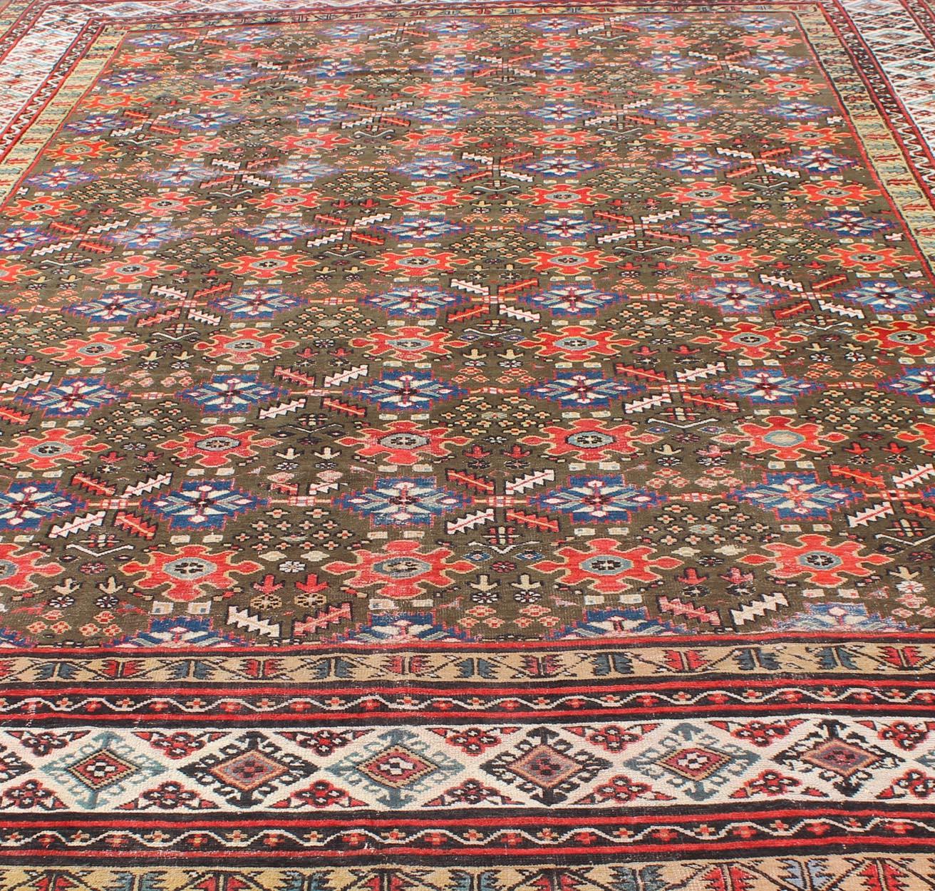 19th Century Large Antique Kurdish Rug with All-Over Design in Brown/Green, Red, and Blue For Sale