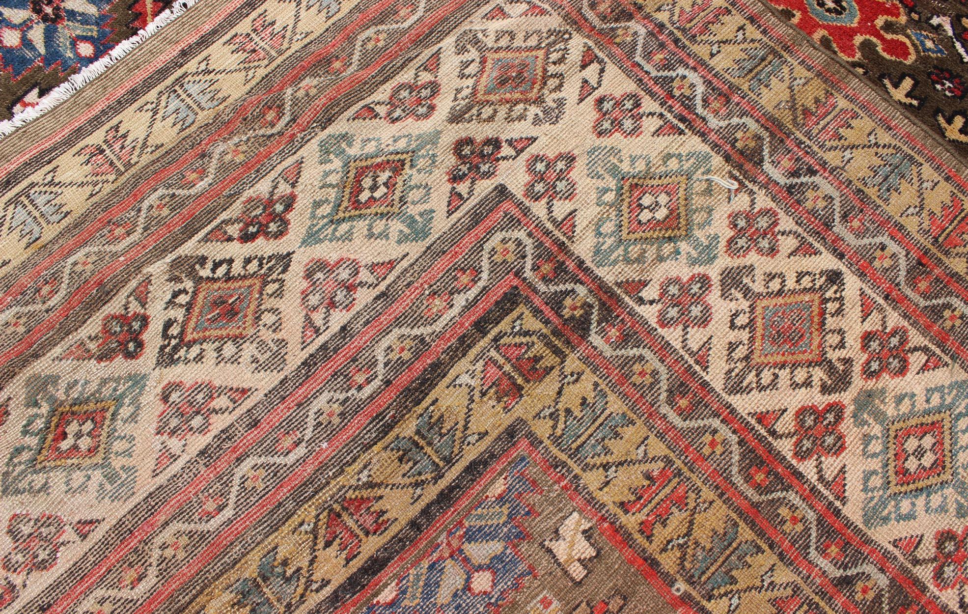 Large Antique Kurdish Rug with All-Over Design in Brown/Green, Red, and Blue For Sale 3