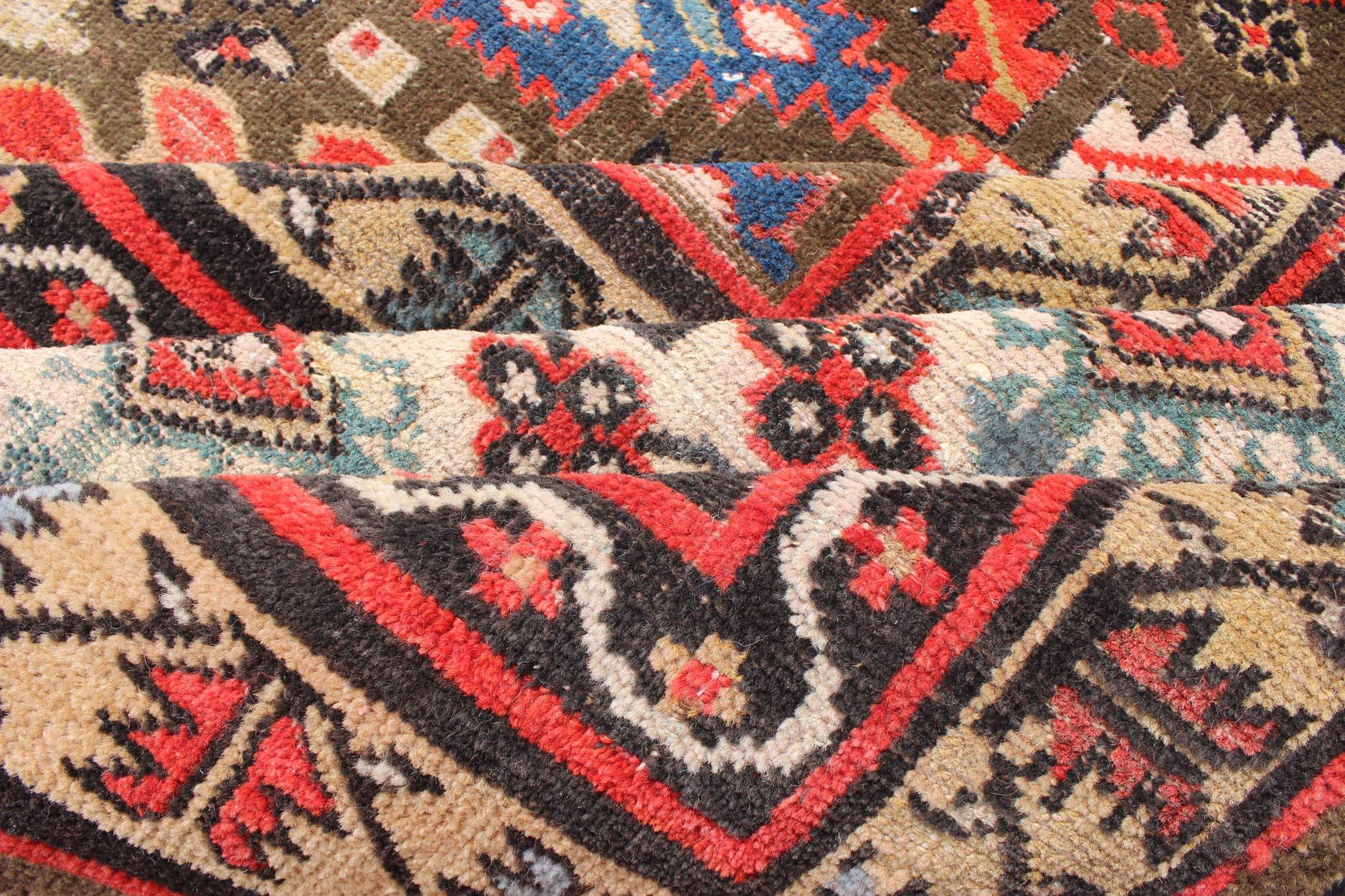 Large Antique Kurdish Rug with All-Over Design in Brown/Green, Red, and Blue For Sale 2