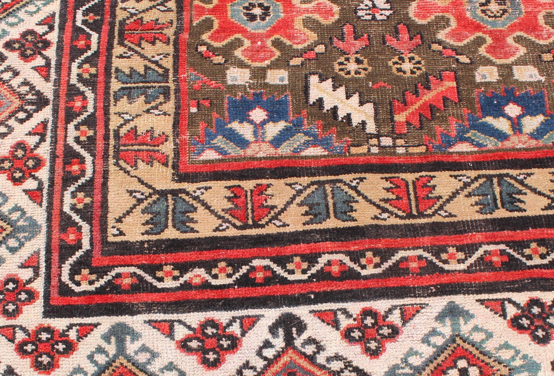 Persian Large Antique Kurdish Rug with All-Over Design in Brown/Green, Red, and Blue For Sale