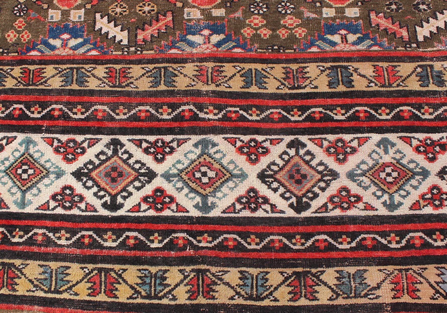 Hand-Knotted Large Antique Kurdish Rug with All-Over Design in Brown/Green, Red, and Blue For Sale