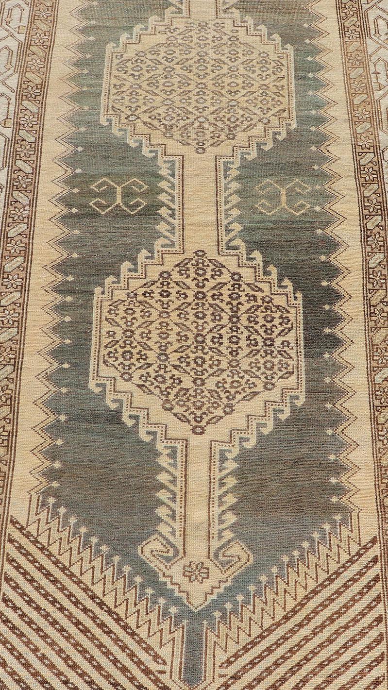 Antique N.W. Persian Runner in Gray Blue & Steel Blue Background & Medallions For Sale 3