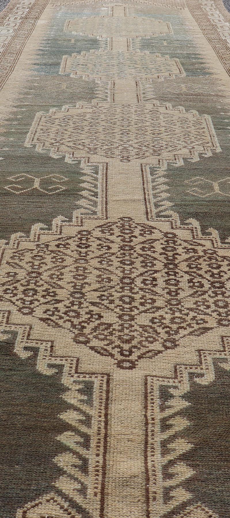 Antique N.W. Persian Runner in Gray Blue & Steel Blue Background & Medallions For Sale 4