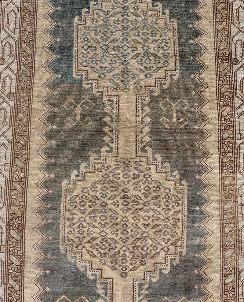 Antique N.W. Persian Runner in Gray Blue & Steel Blue Background & Medallions For Sale 5