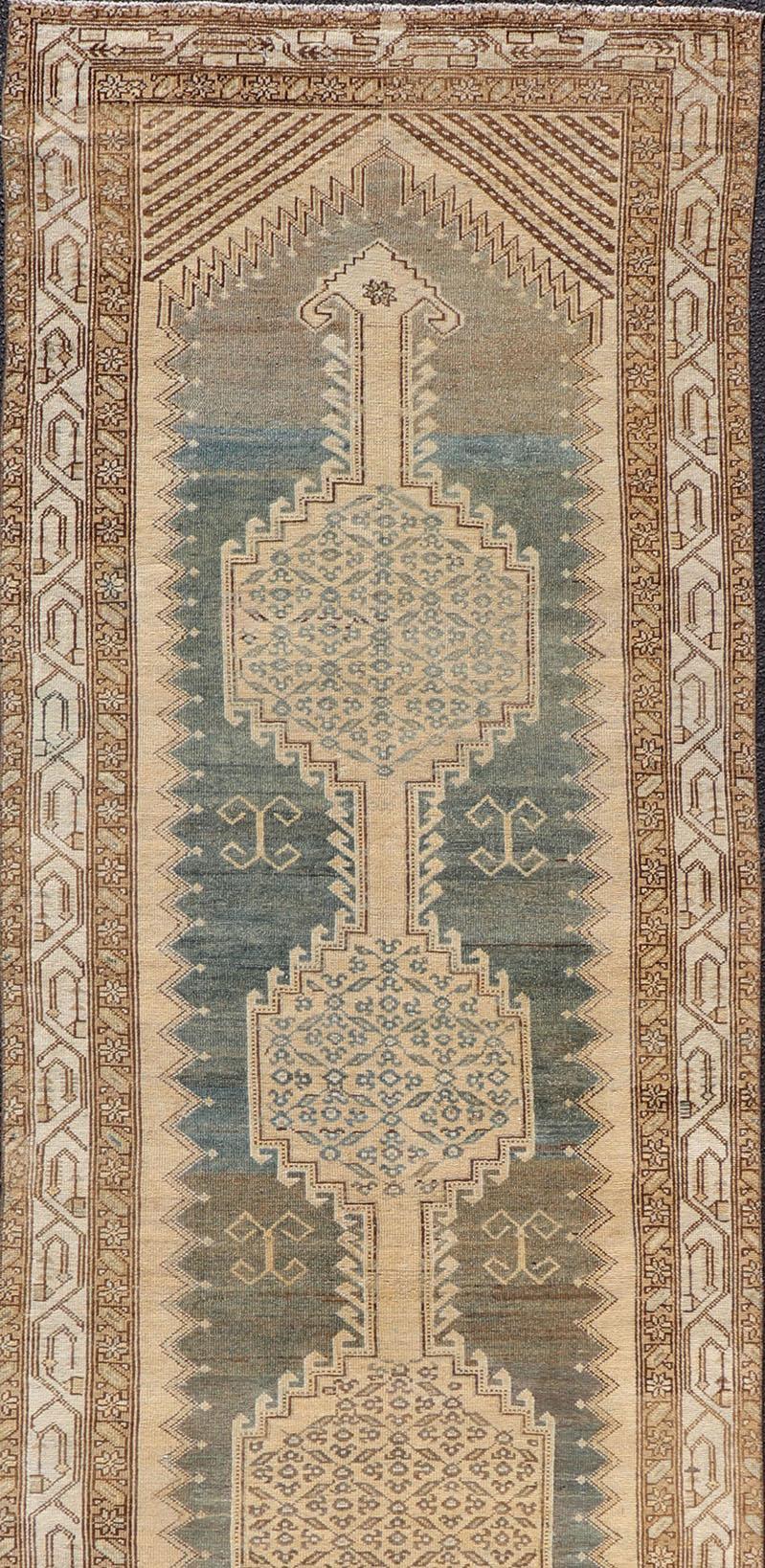 Hand-Knotted Antique N.W. Persian Runner in Gray Blue & Steel Blue Background & Medallions For Sale