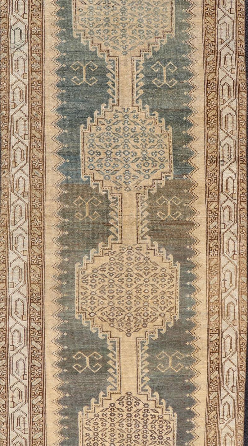 Antique N.W. Persian Runner in Gray Blue & Steel Blue Background & Medallions In Good Condition For Sale In Atlanta, GA