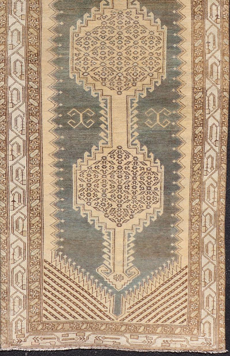20th Century Antique N.W. Persian Runner in Gray Blue & Steel Blue Background & Medallions For Sale