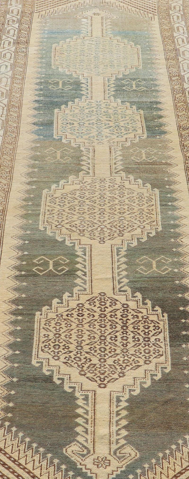 Antique N.W. Persian Runner in Gray Blue & Steel Blue Background & Medallions For Sale 2