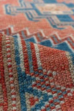 Antique NW Persian Runner – Tribal Medallion Design in Coral and Indigo