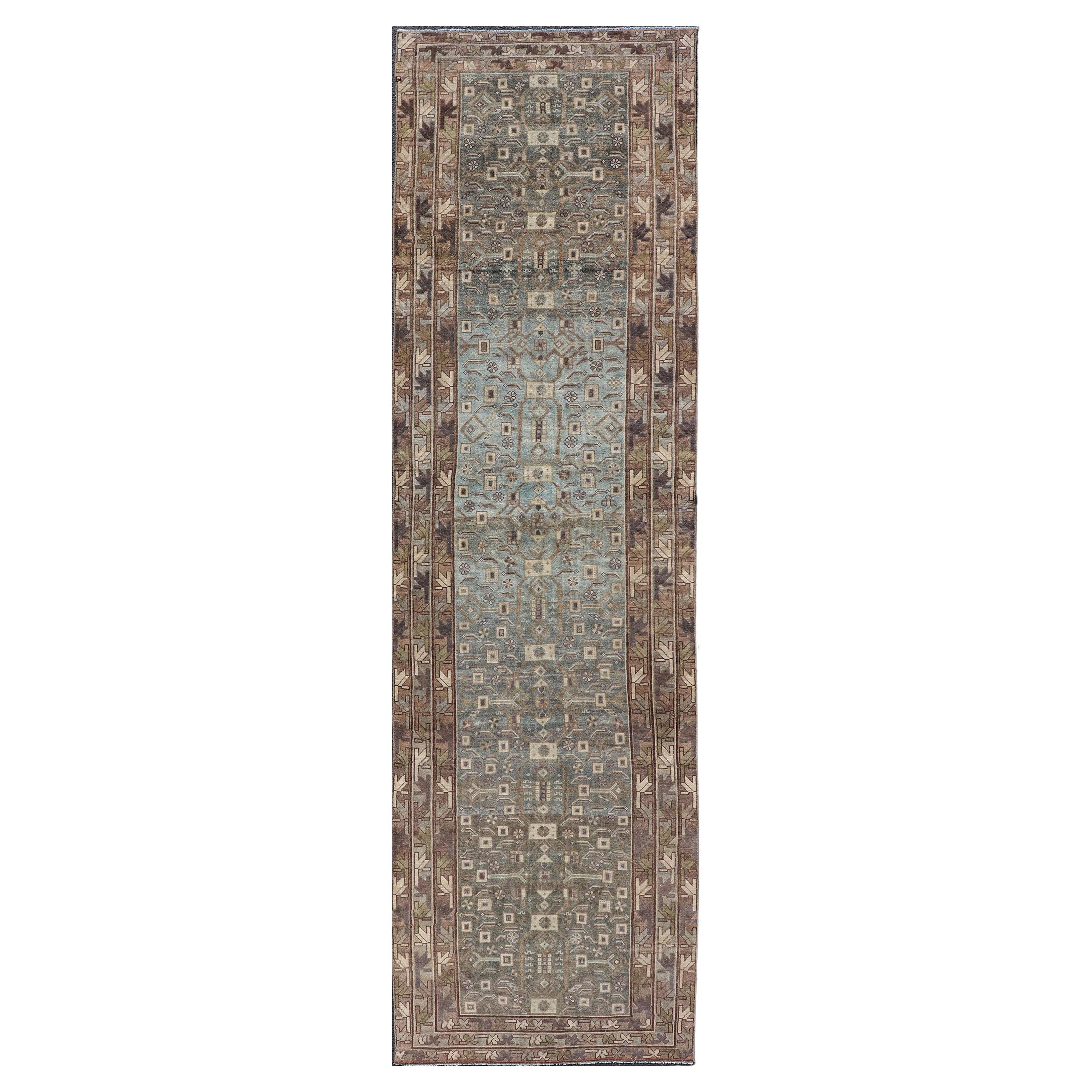 Antique N.W. Persian Runner with All-Over Design in Light Brown, L. Blue & Gray