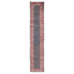 Antique N.W. Persian Runner with Geometric Florals in Dark Blue and Red
s