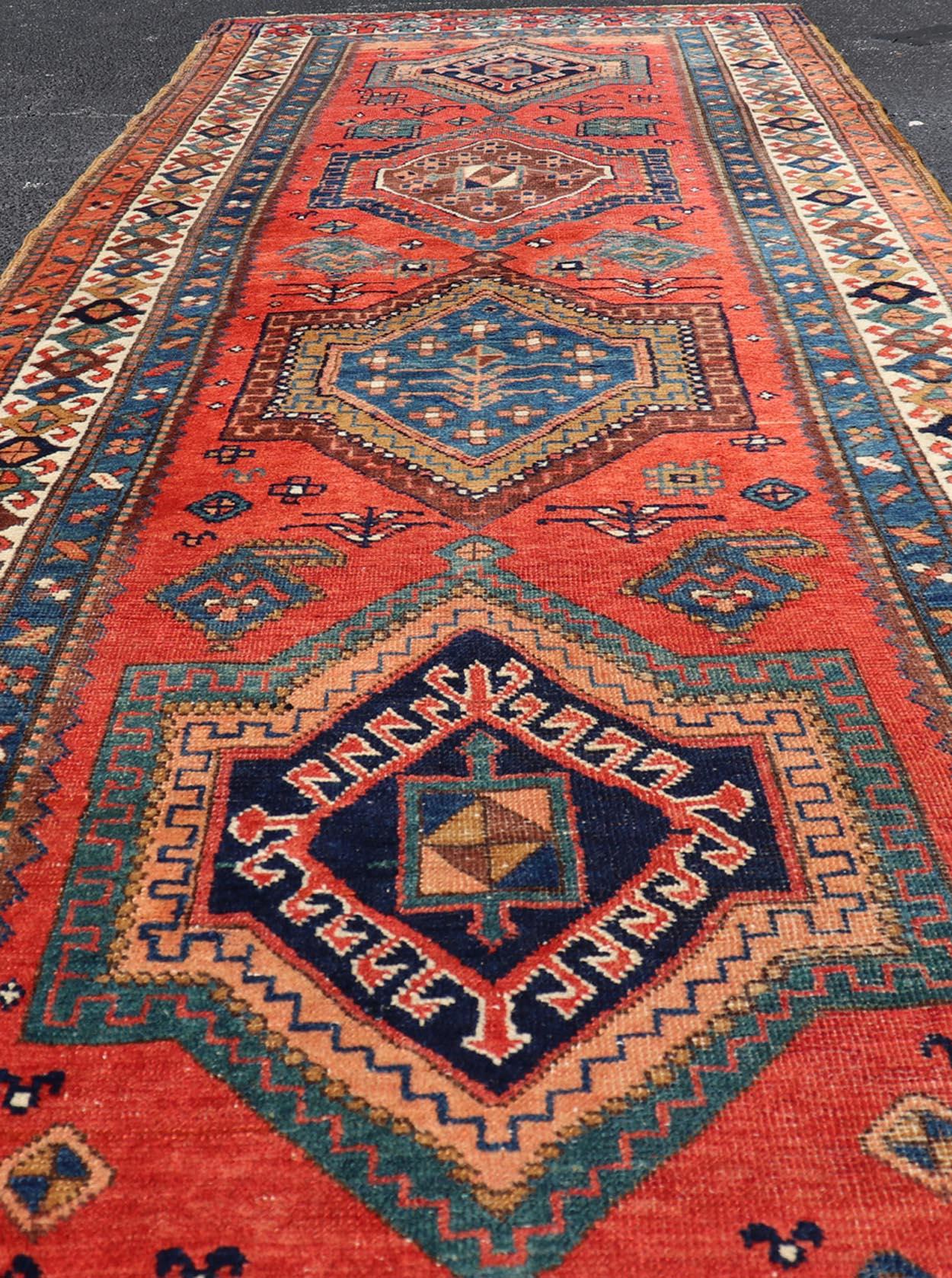 Antique NW Persian Runner With Geometric Medallions and Bold Colors 3'4 x 9'9 For Sale 3