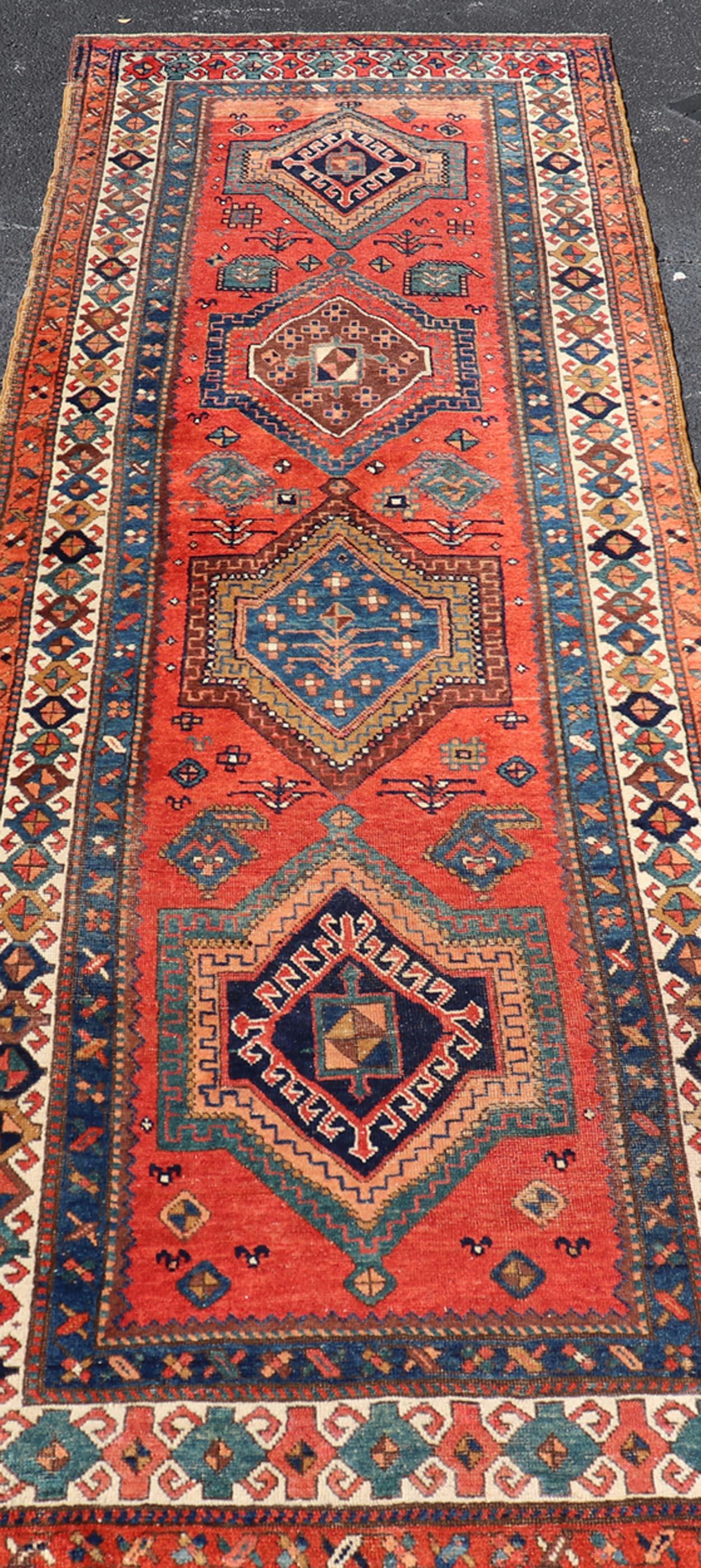 Antique NW Persian Runner With Geometric Medallions and Bold Colors 3'4 x 9'9 For Sale 4