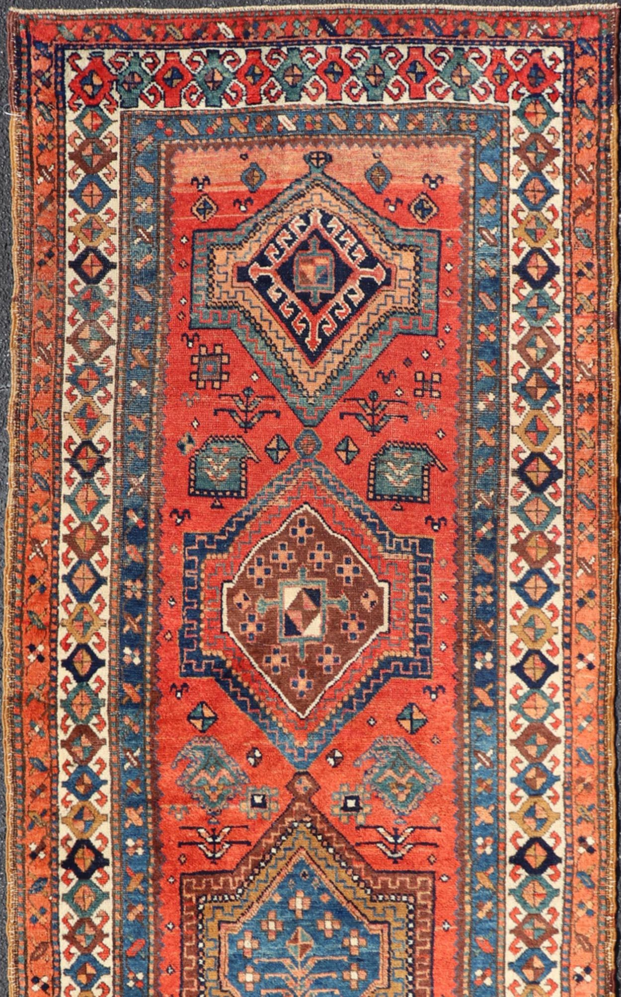 Tribal Antique NW Persian Runner With Geometric Medallions and Bold Colors 3'4 x 9'9 For Sale