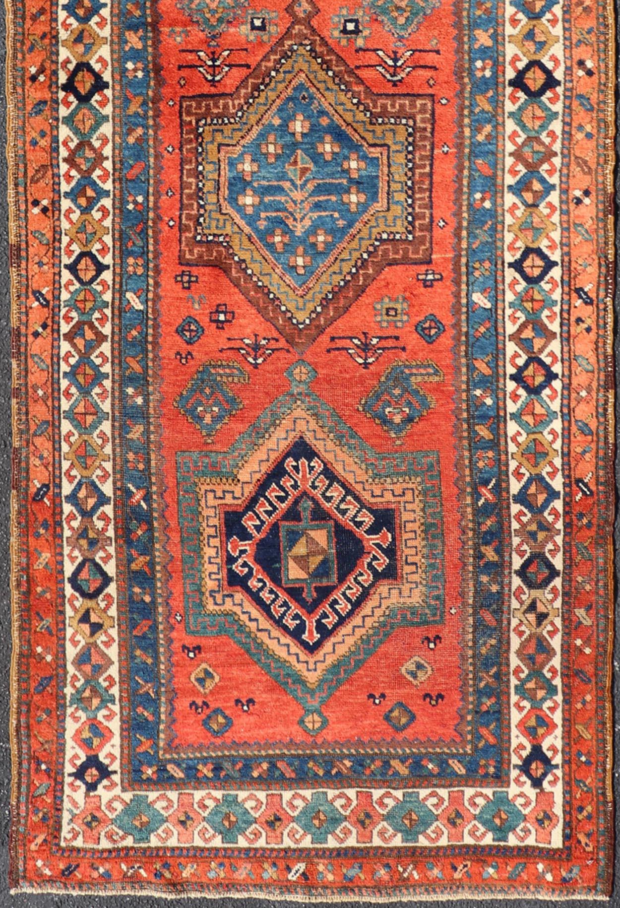 Antique NW Persian Runner With Geometric Medallions and Bold Colors 3'4 x 9'9 In Good Condition For Sale In Atlanta, GA