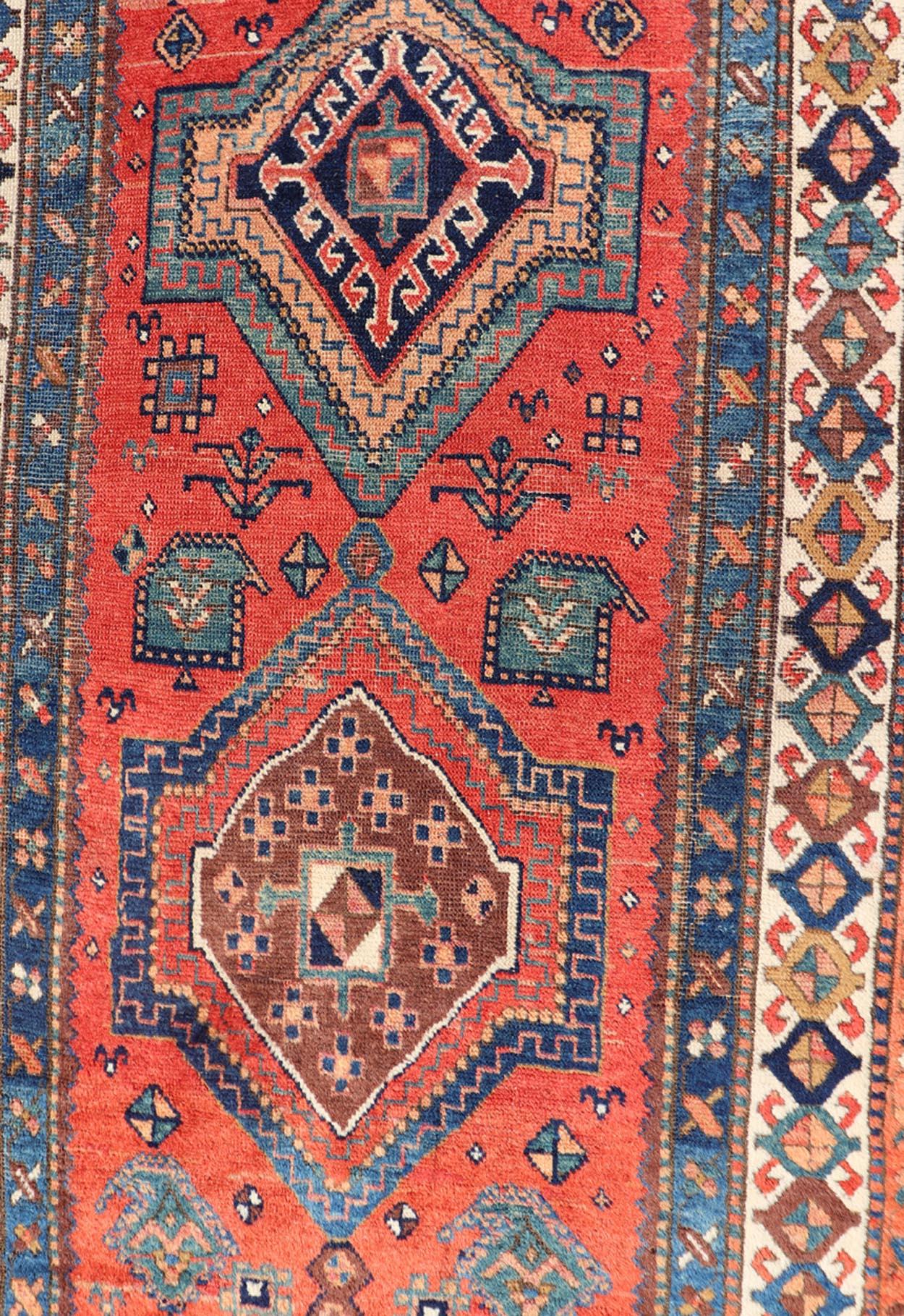 Wool Antique NW Persian Runner With Geometric Medallions and Bold Colors 3'4 x 9'9 For Sale