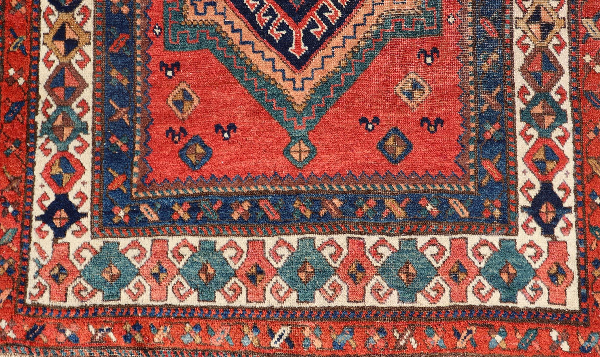 Antique NW Persian Runner With Geometric Medallions and Bold Colors 3'4 x 9'9 For Sale 2