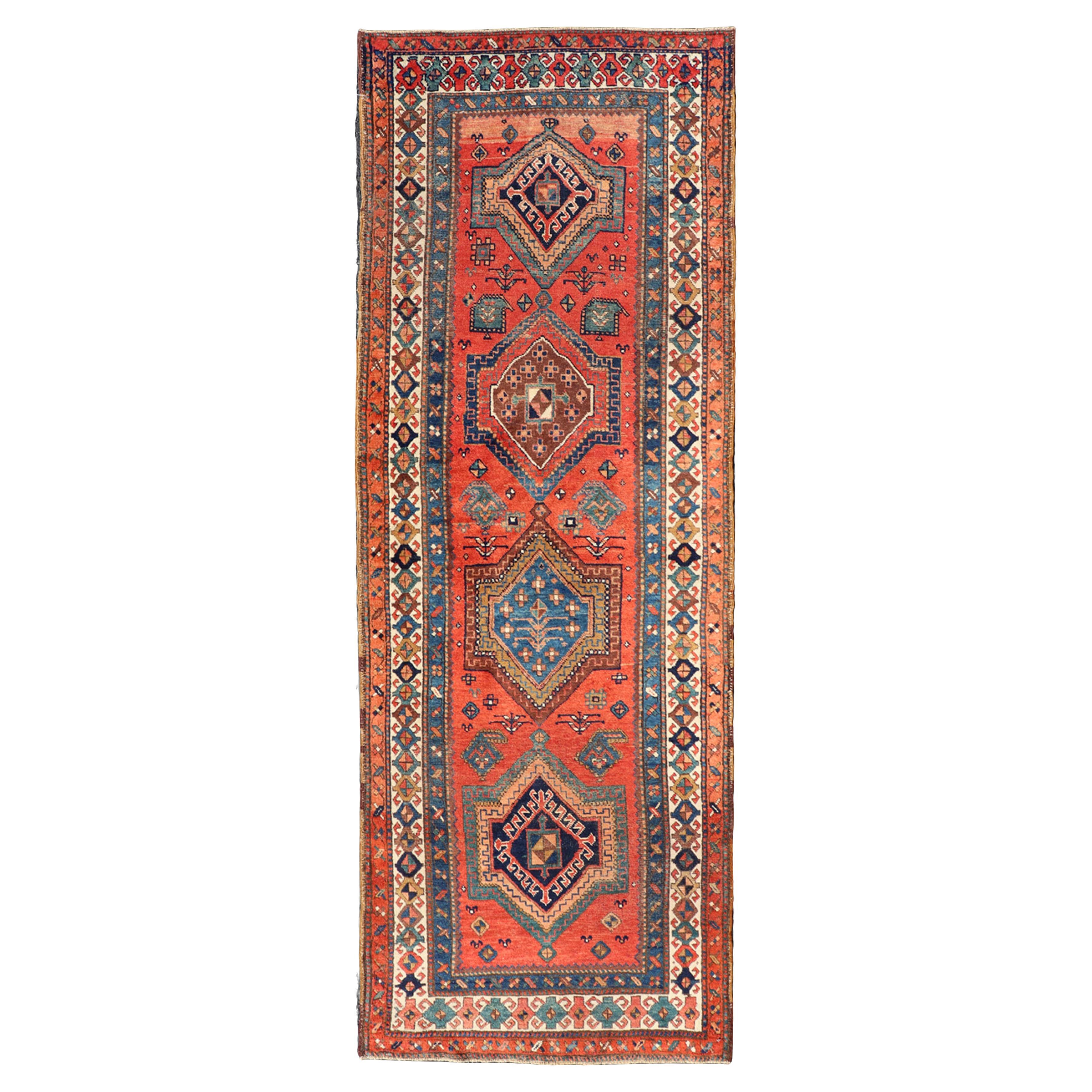Antique NW Persian Runner With Geometric Medallions and Bold Colors 3'4 x 9'9 For Sale