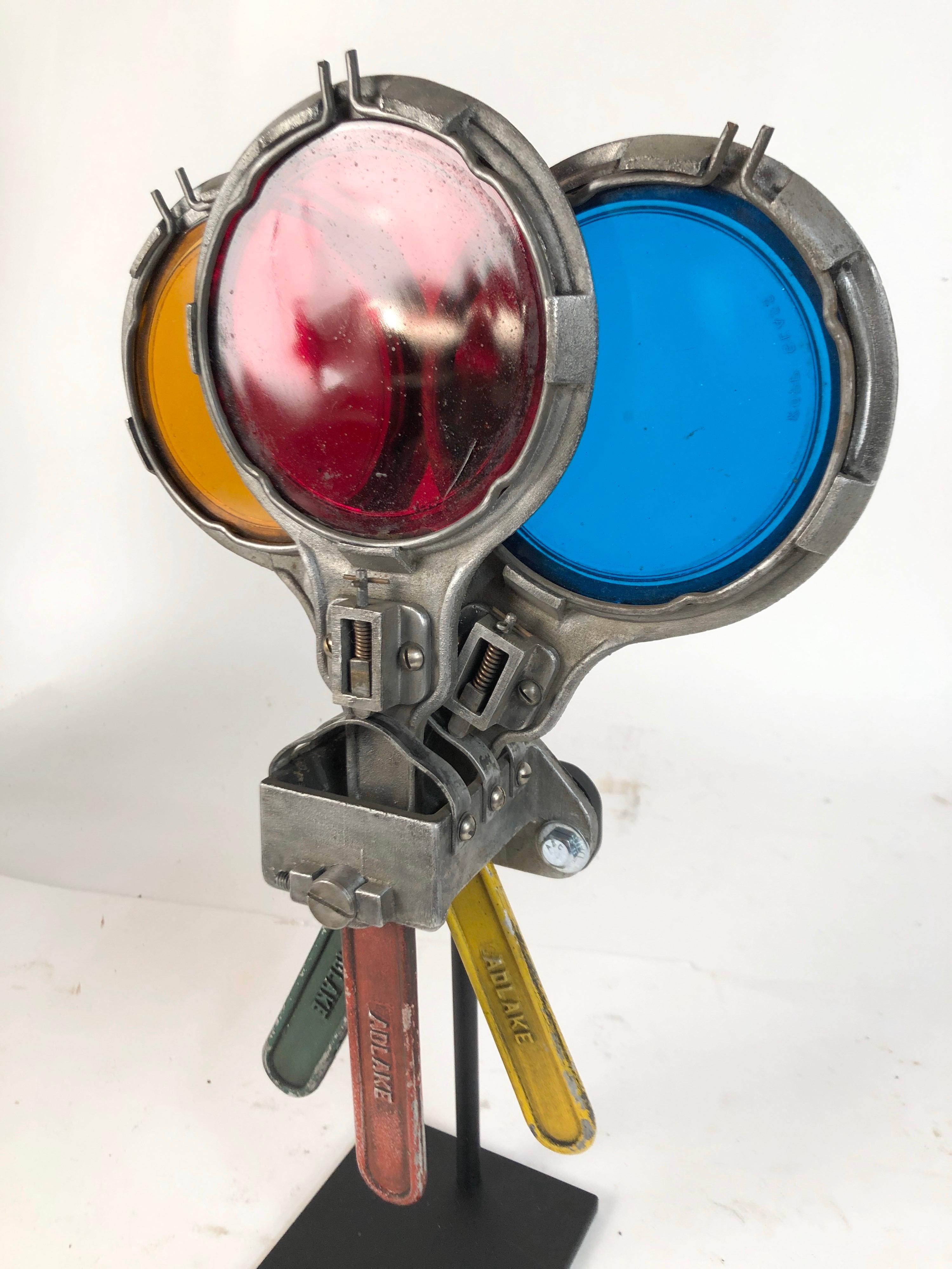 American Antique NYC Subway Glass Lens Signal Semaphore circa 1930s Custom Stand