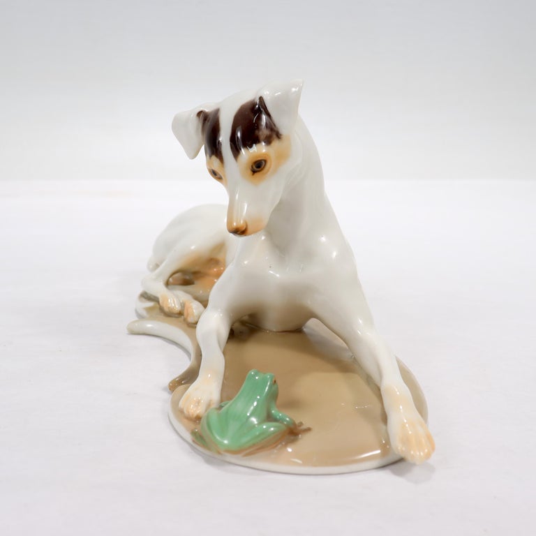Art Nouveau Antique Nymphenburg Porcelain Terrier Dog & Frog Figurine by T. Karner