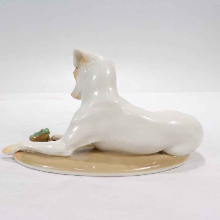 German Antique Nymphenburg Porcelain Terrier Dog & Frog Figurine by T. Karner