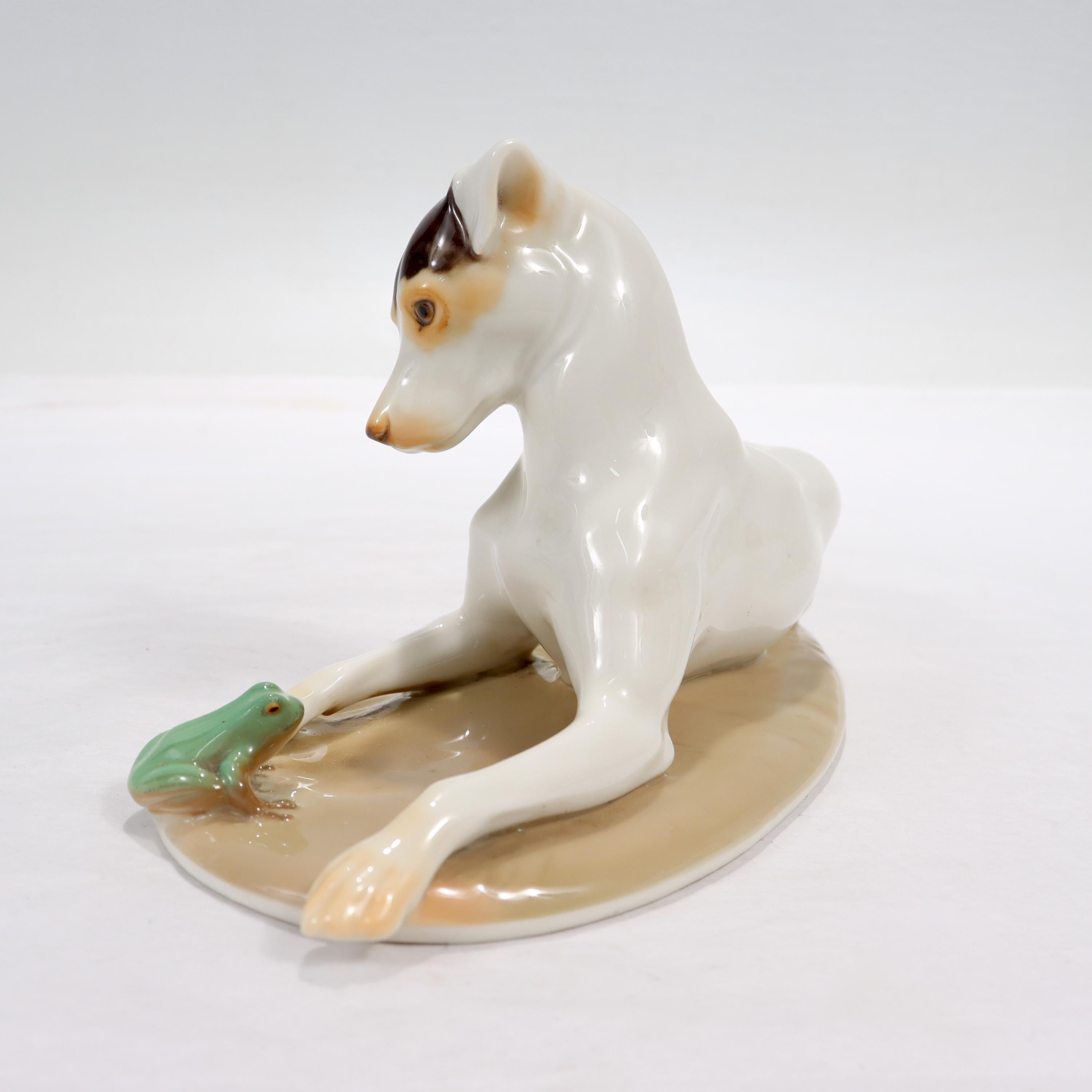 Antique Nymphenburg Porcelain Terrier Dog & Frog Figurine by T. Karner In Good Condition In Philadelphia, PA