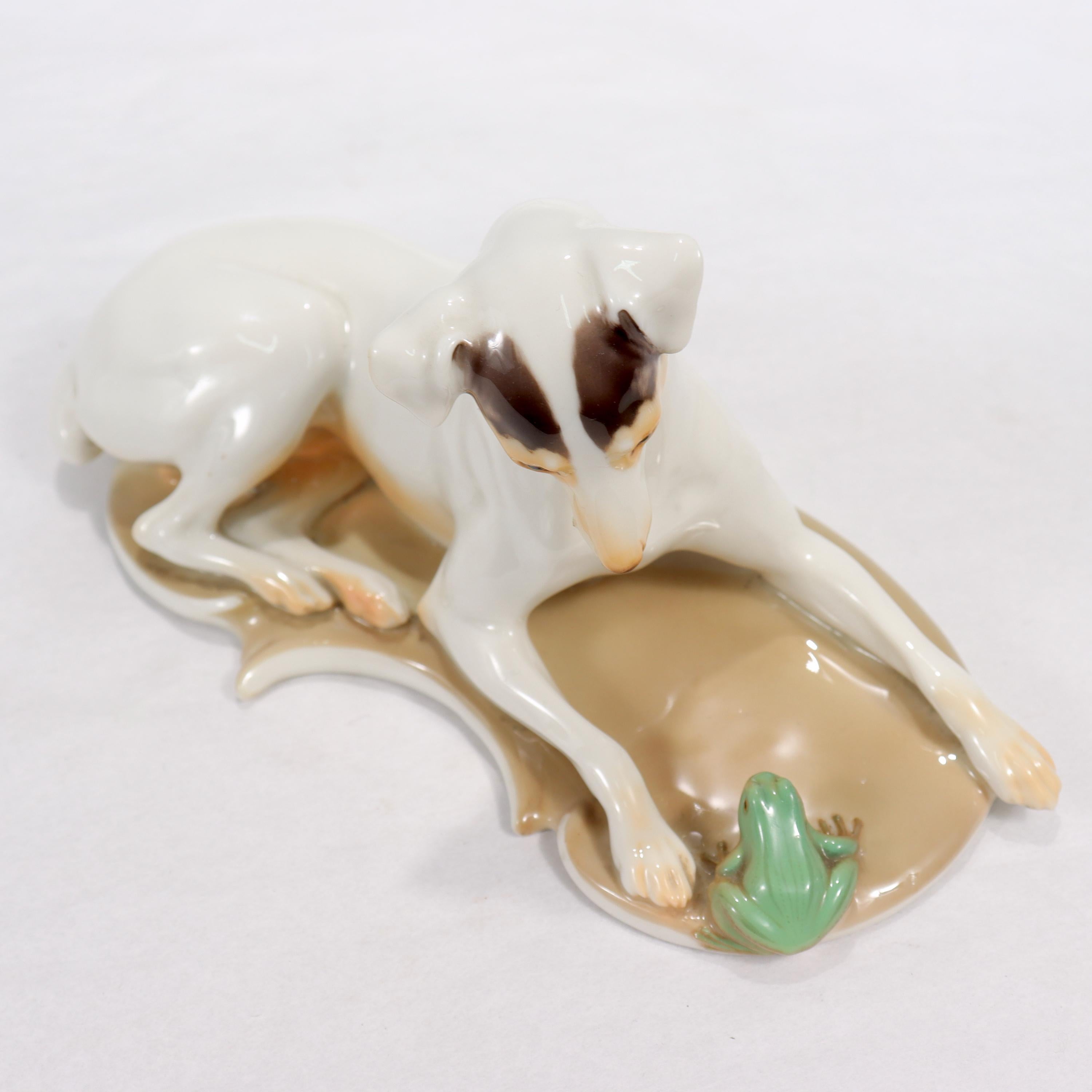 Antique Nymphenburg Porcelain Terrier Dog & Frog Figurine by T. Karner 1