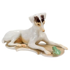 Antique Nymphenburg Porcelain Terrier Dog & Frog Figurine by T. Karner