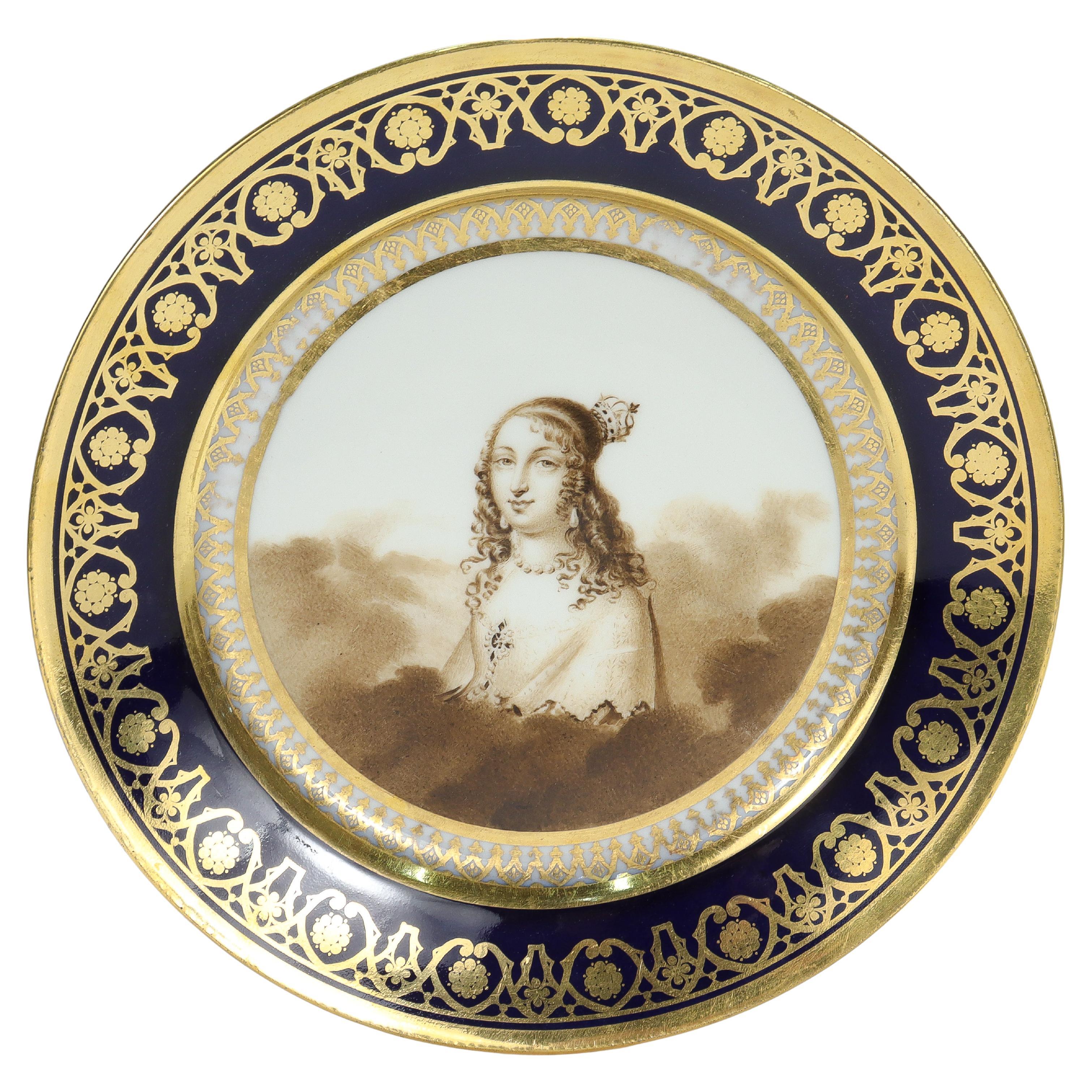 Antique Nyon Swiss Porcelain Hand Painted Cabinet Plate with Cobalt Blue Rim For Sale