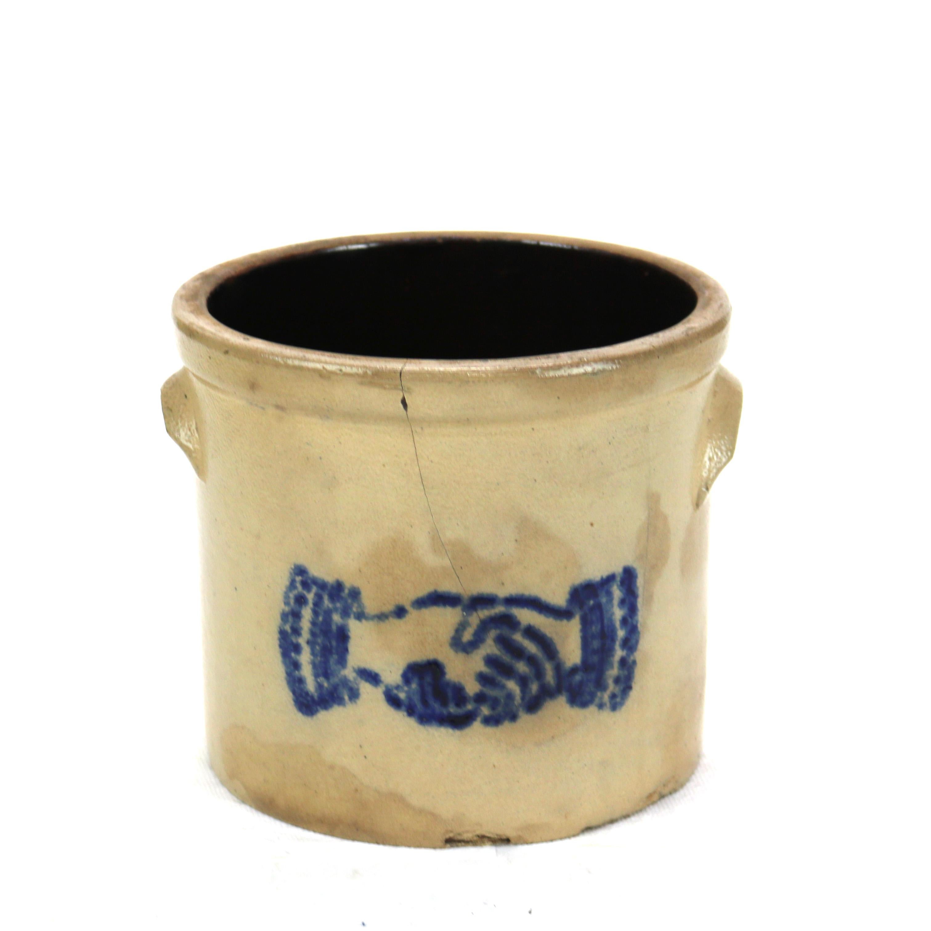 Antique NYS Stoneware Blue & Salt Glazed Pottery Crock with Hands Shaking C1870

Measures - 7.25