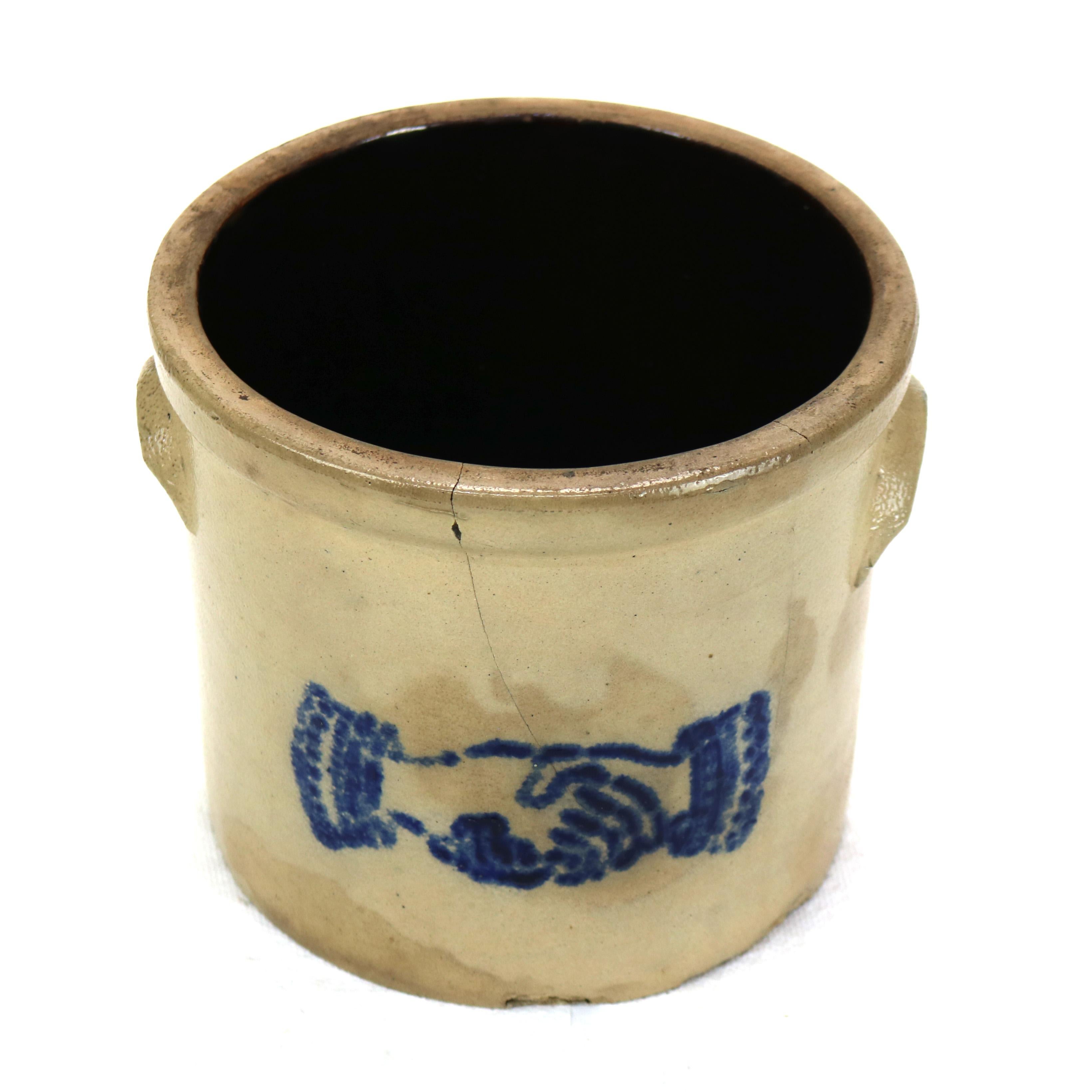 19th Century Antique NYS Stoneware Blue & Salt Glazed Pottery Crock with Hands Shaking C1870