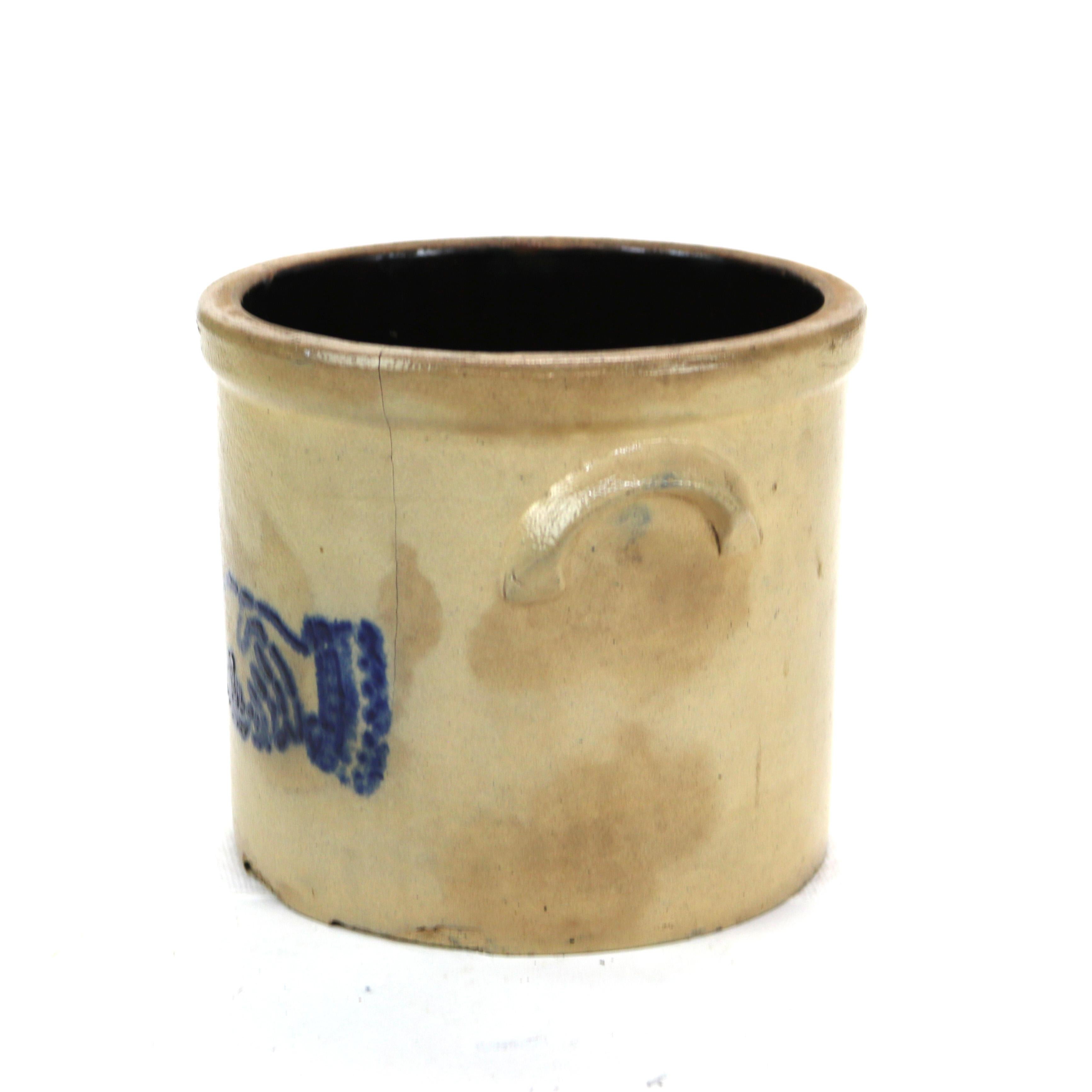 Antique NYS Stoneware Blue & Salt Glazed Pottery Crock with Hands Shaking C1870 3