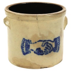 Antique NYS Stoneware Blue & Salt Glazed Pottery Crock with Hands Shaking C1870