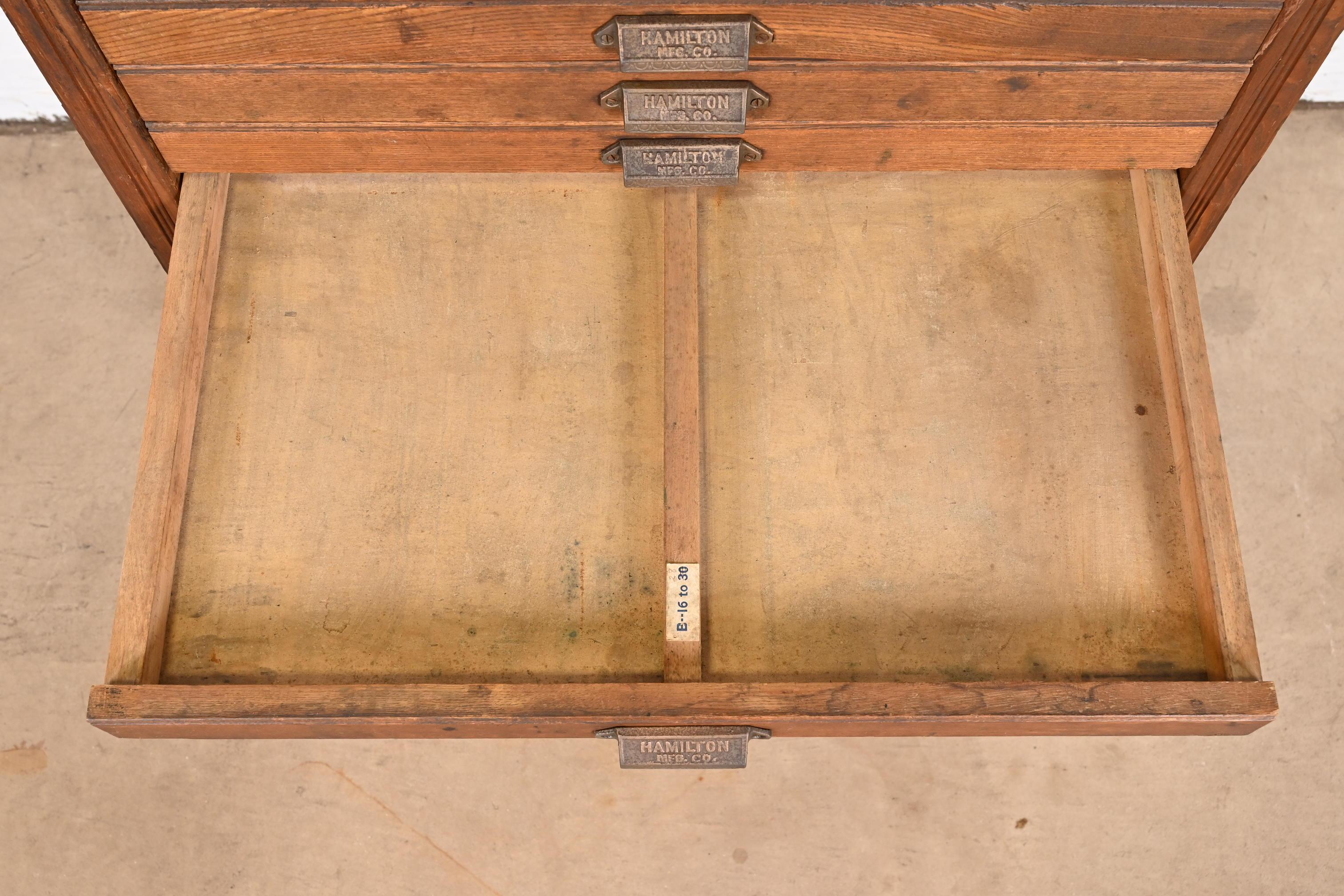 Antique Oak 16-Drawer Blueprint Flat File Cabinet by Hamilton, Circa 1900 5