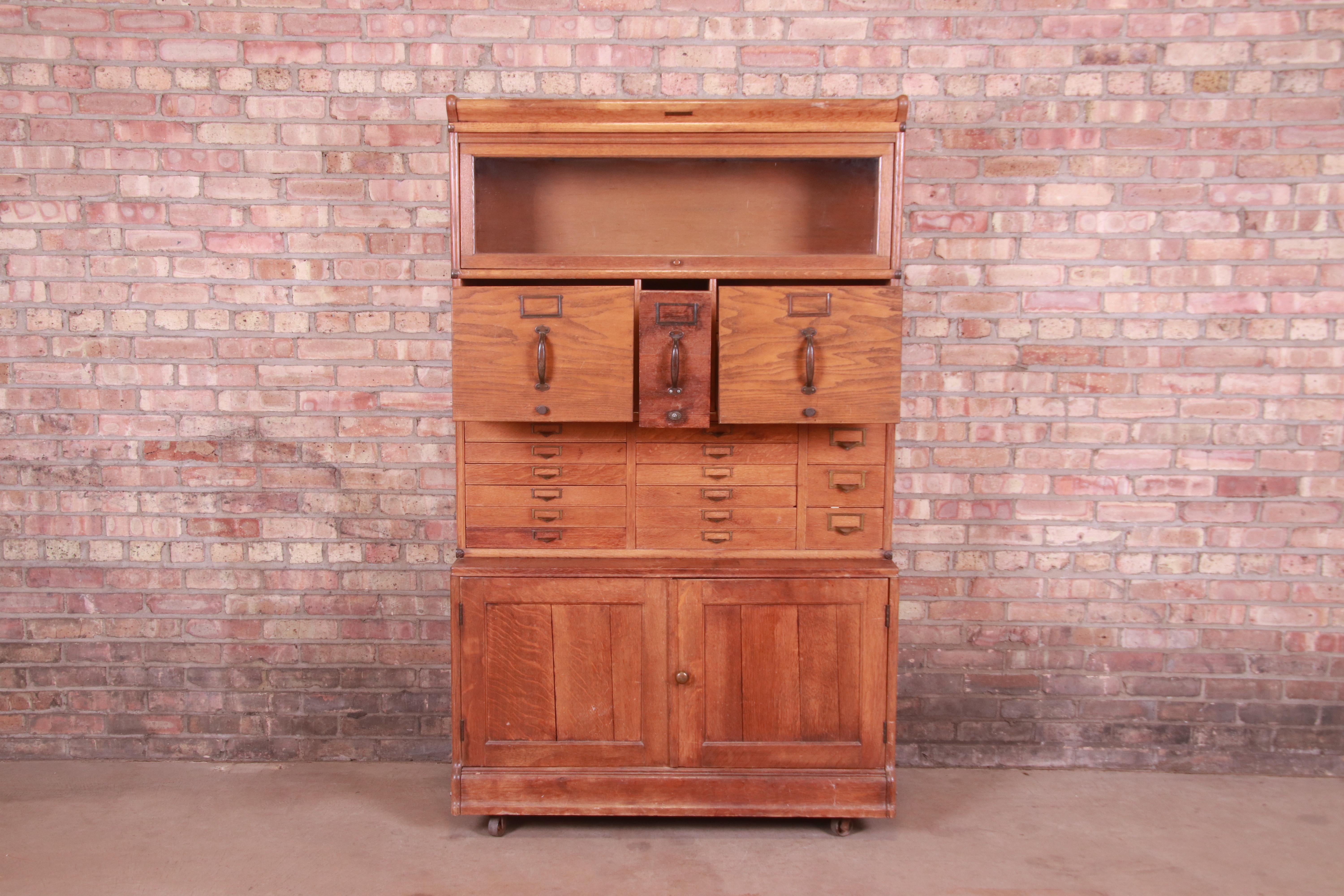 Antique Oak 18-Drawer Card Catalog File Cabinet with Barrister Bookcase, 1920s 5